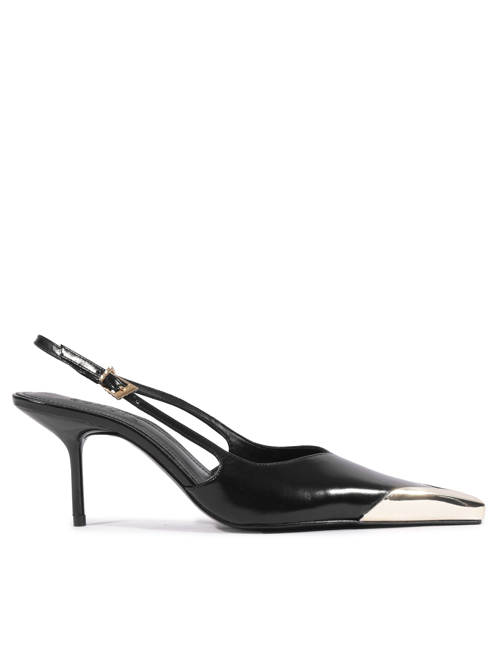 Scarpin Feminino Slingback Biqueira De Metal Couro Preto Schutz