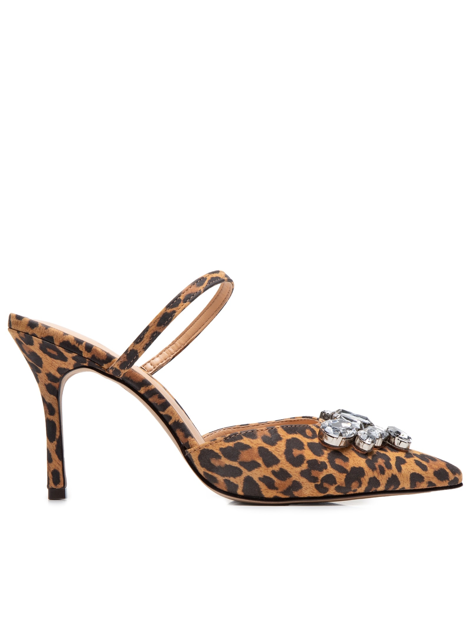 Scarpin Salto Alto Fino Em Couro Nobuck Onça Com Maxi Cristal Frontal Animal Print Luiza Barcelos