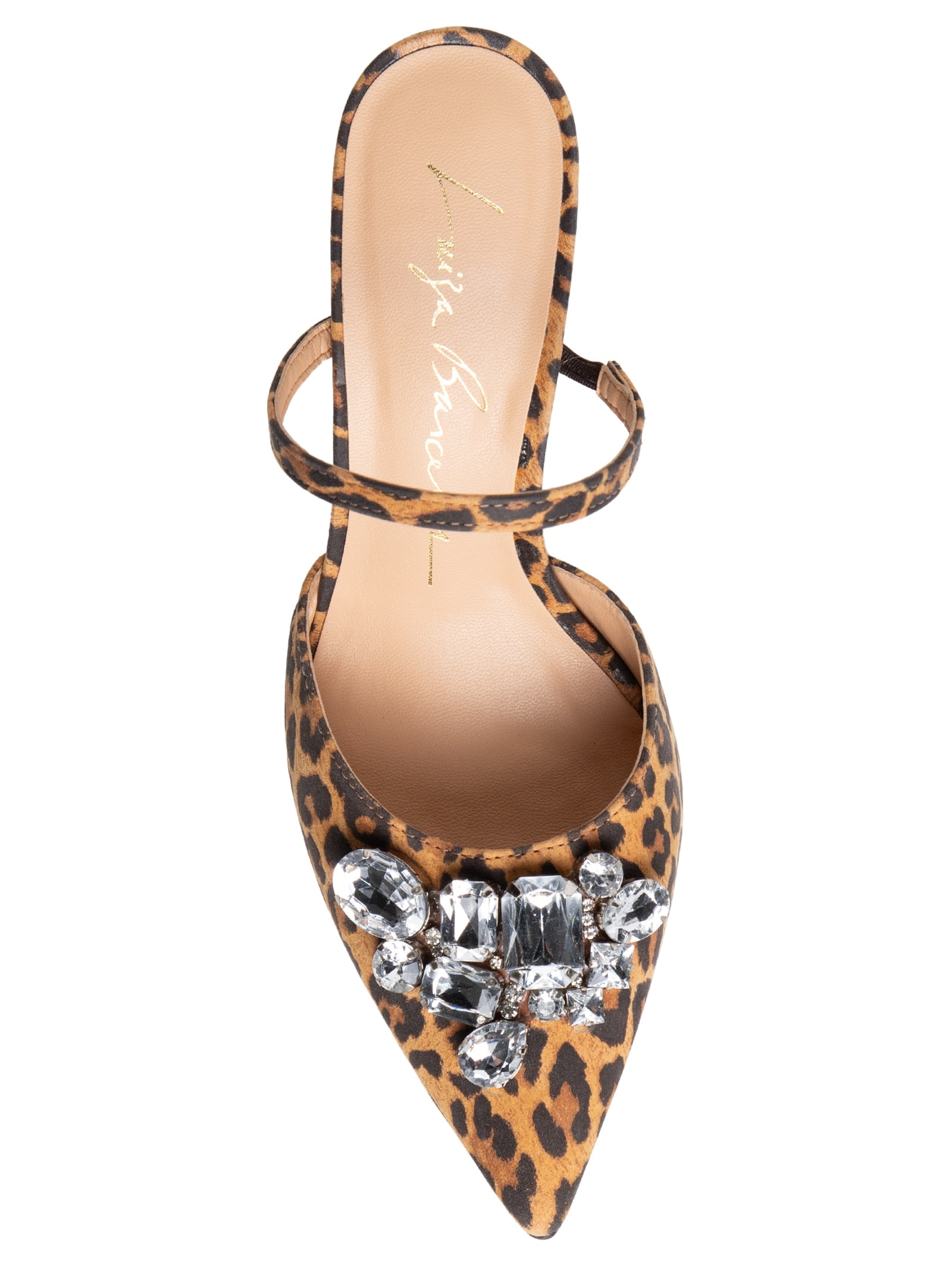 Scarpin Salto Alto Fino Em Couro Nobuck Onça Com Maxi Cristal Frontal Animal Print Luiza Barcelos