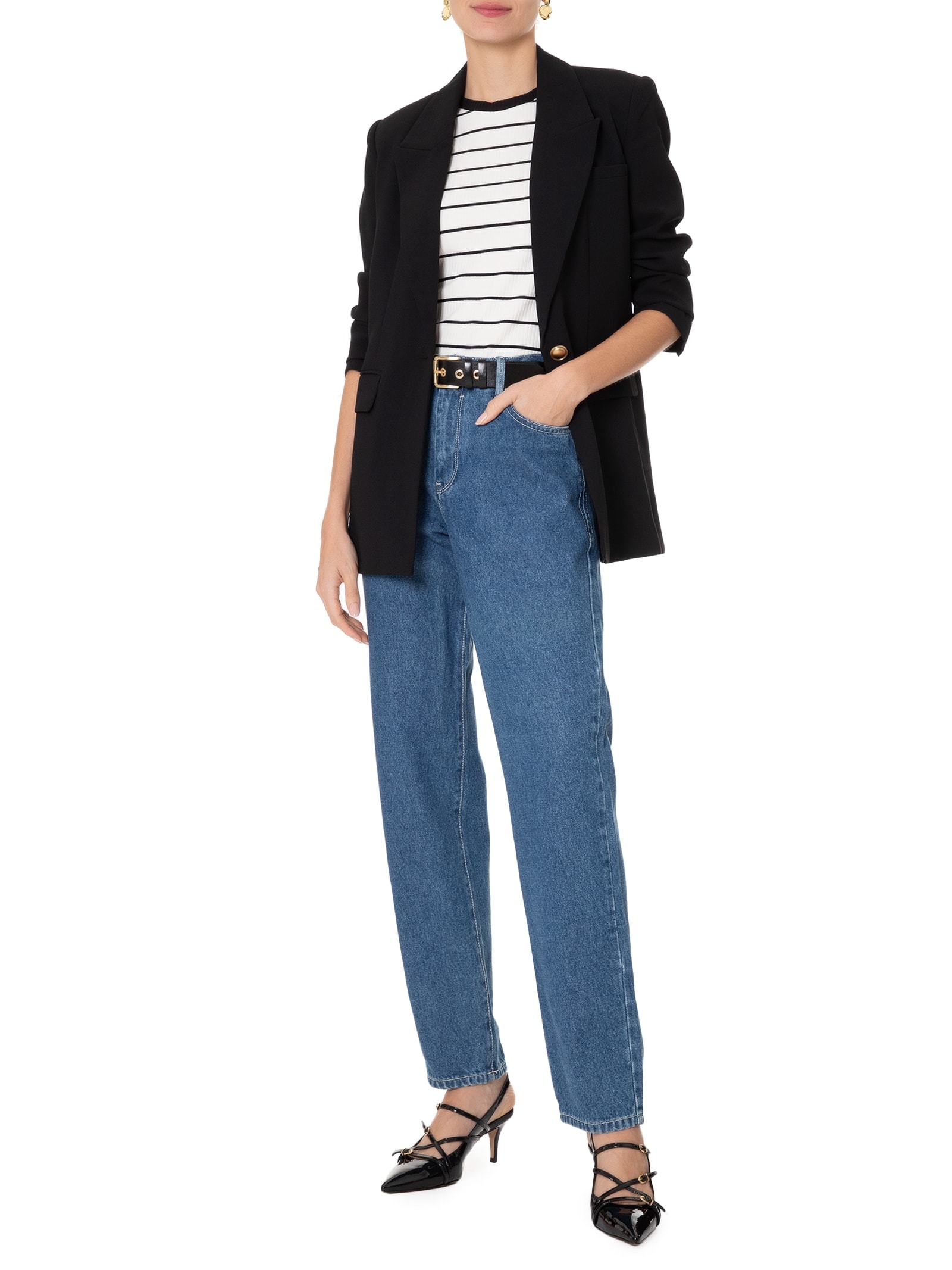 Scarpin Salto Baixo Slingback Fivelas Preto Luiza Barcelos