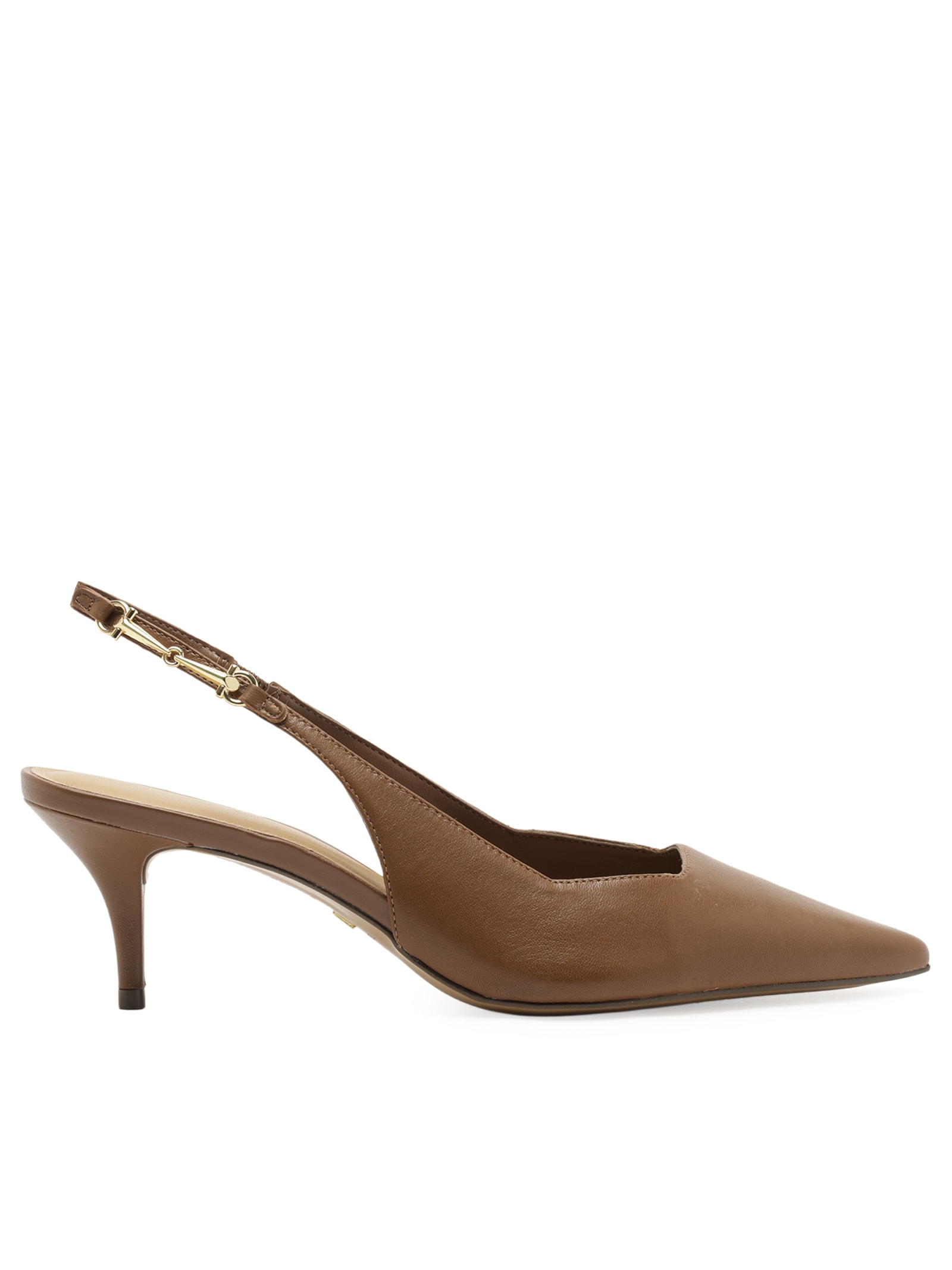 Scarpin Salto Fino Slingback Metais Couro Marrom Arezzo