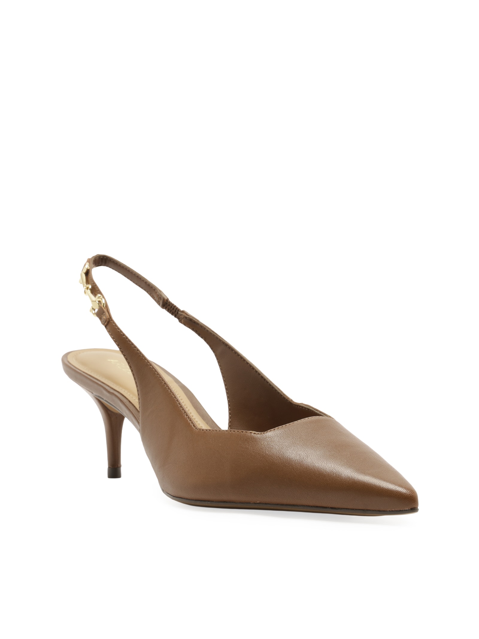 Scarpin Salto Fino Slingback Metais Couro Marrom Arezzo