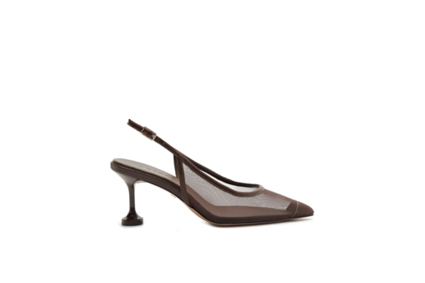 Scarpin Slingback Tela Salto Kitten - Marrom