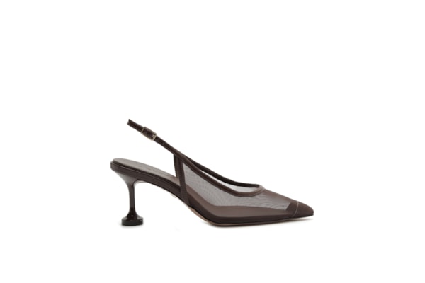 Scarpin Slingback Tela Salto Kitten - Marrom