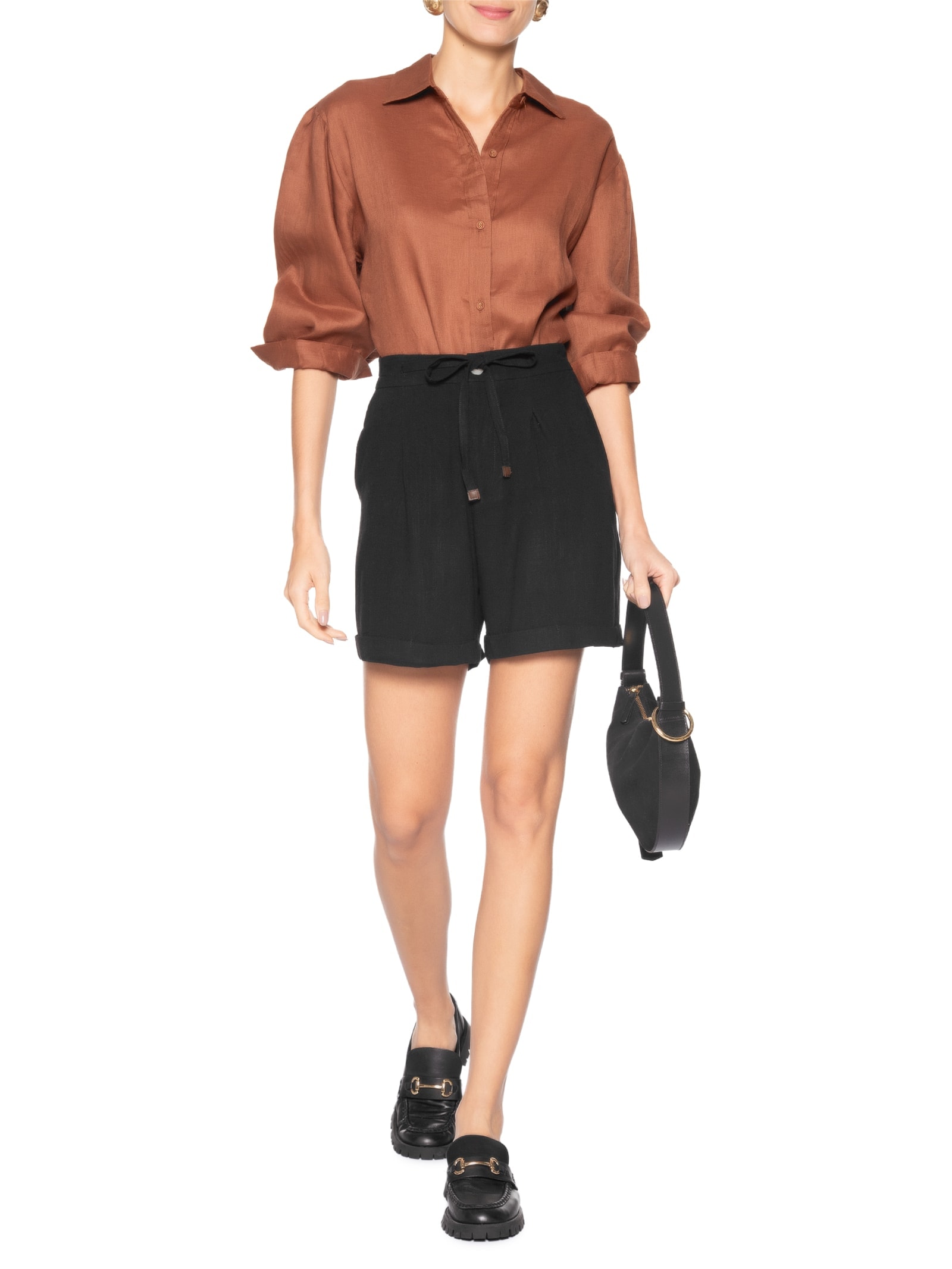 Short Feminino Amarração com Linho Preto Basiq