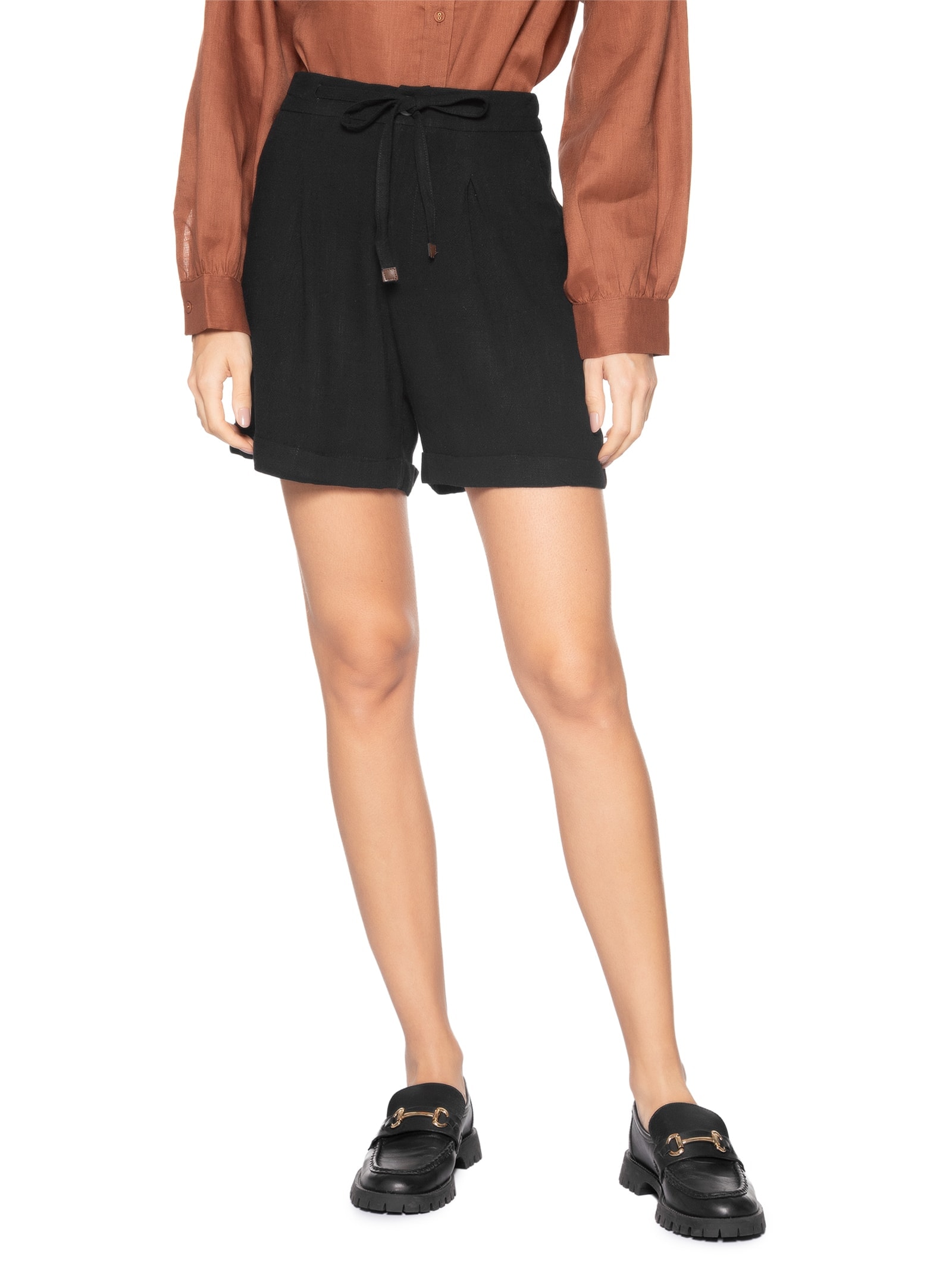 Short Feminino Amarração com Linho Preto Basiq