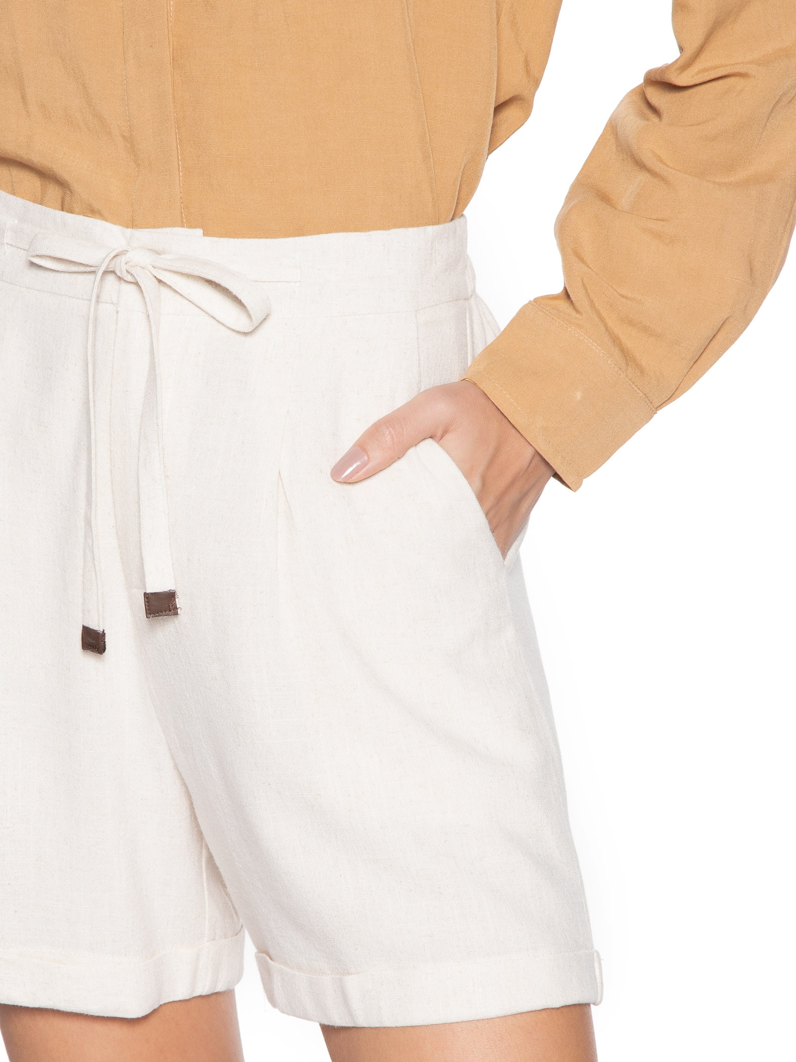 Short Feminino Amarração com Linho – Bege Basiq