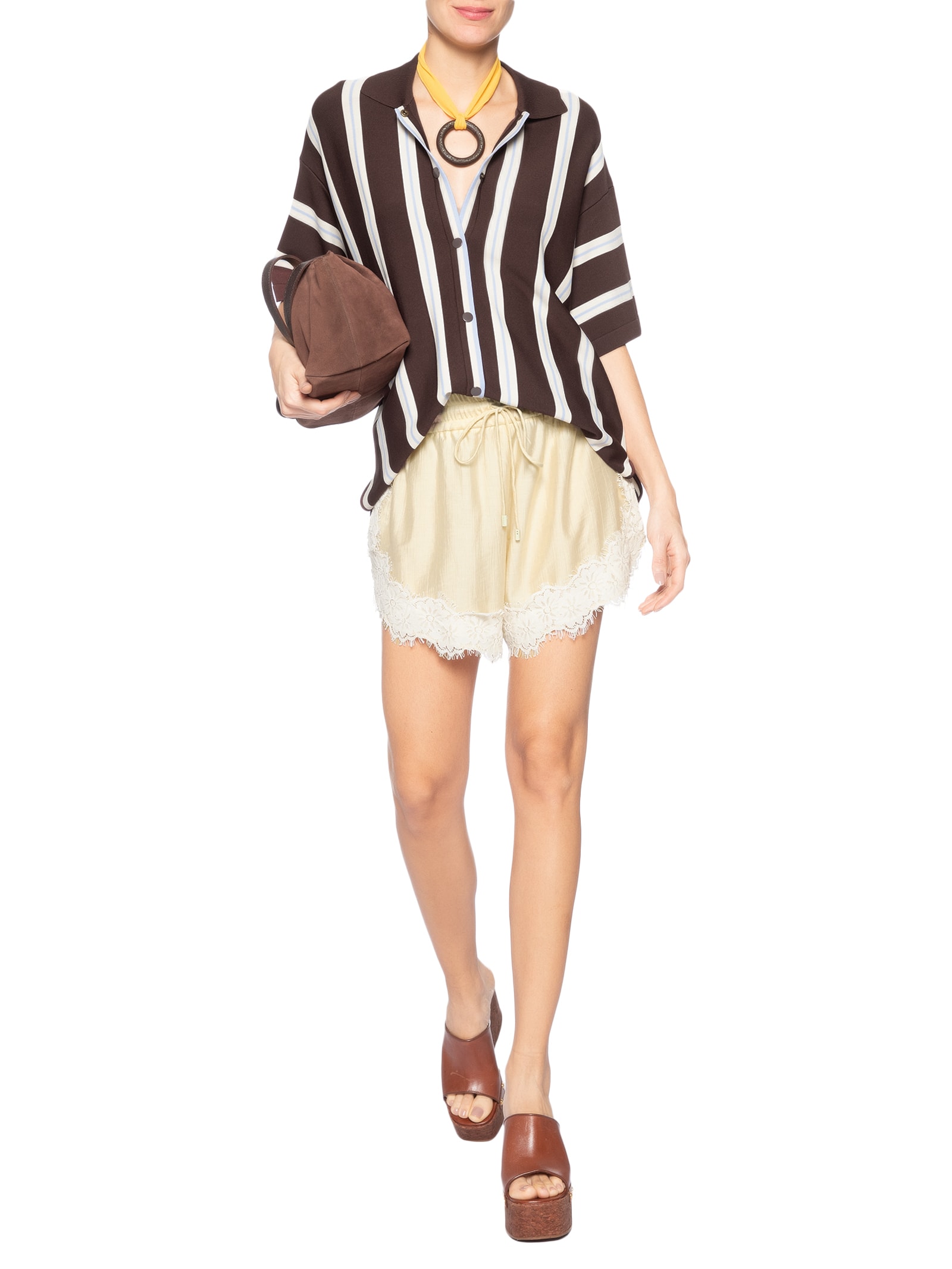Short Feminino Barrado Renda Bege Animale Jeans