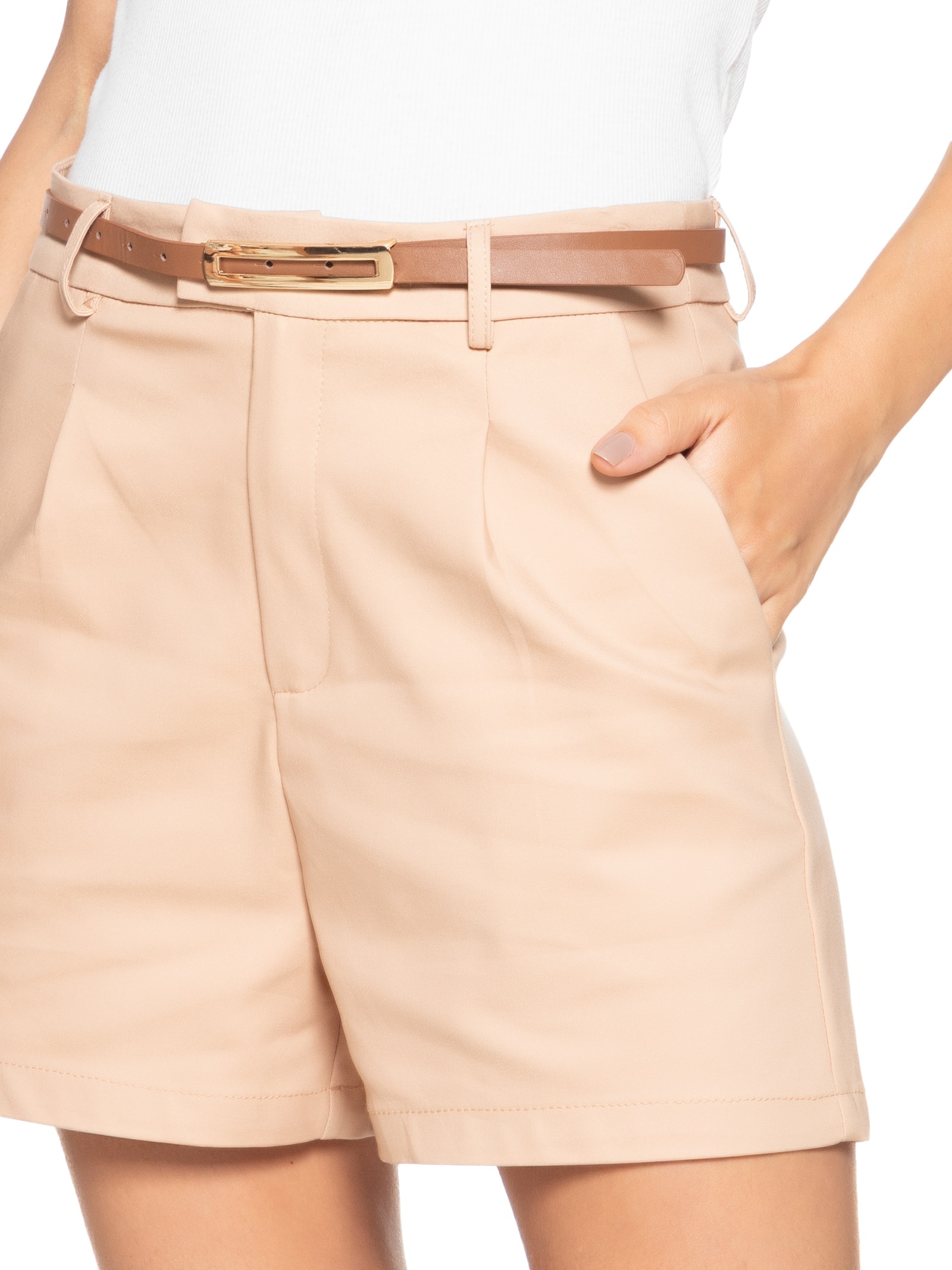 Short Feminino Básico Com Cinto Bege Basiq