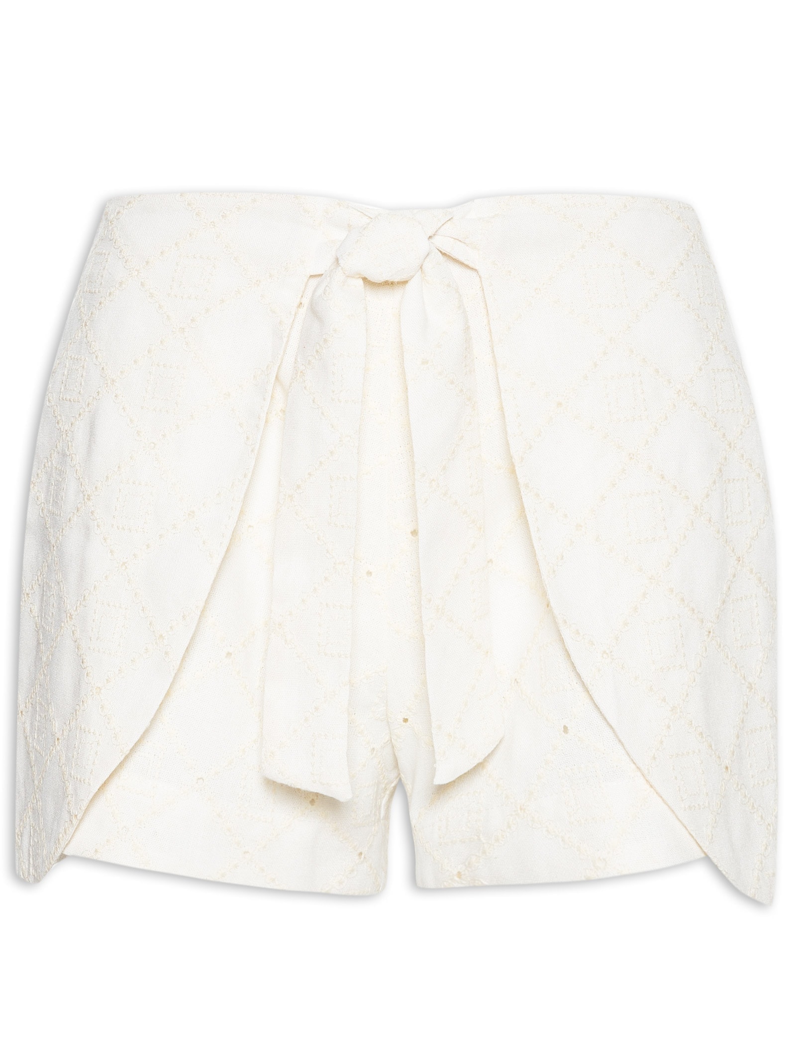 Short Feminino Cintura Alta Em Linho Misto Bordado Off White '2Essential