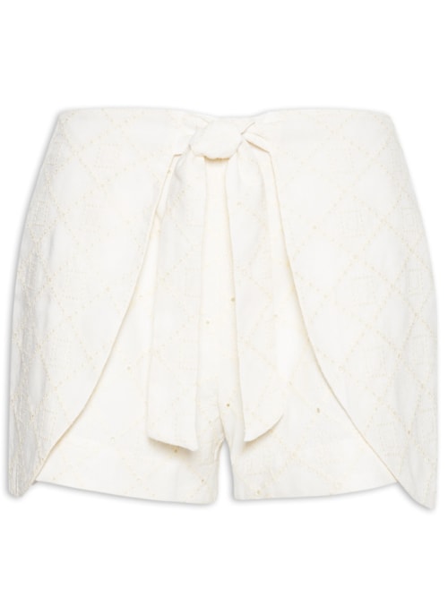 Short Feminino Cintura Alta Em Linho Misto Bordado – Off White