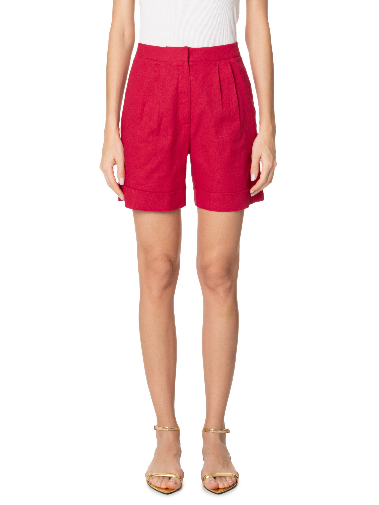 Short Feminino Cintura Alta Em Linho Misto Vermelho '2Essential