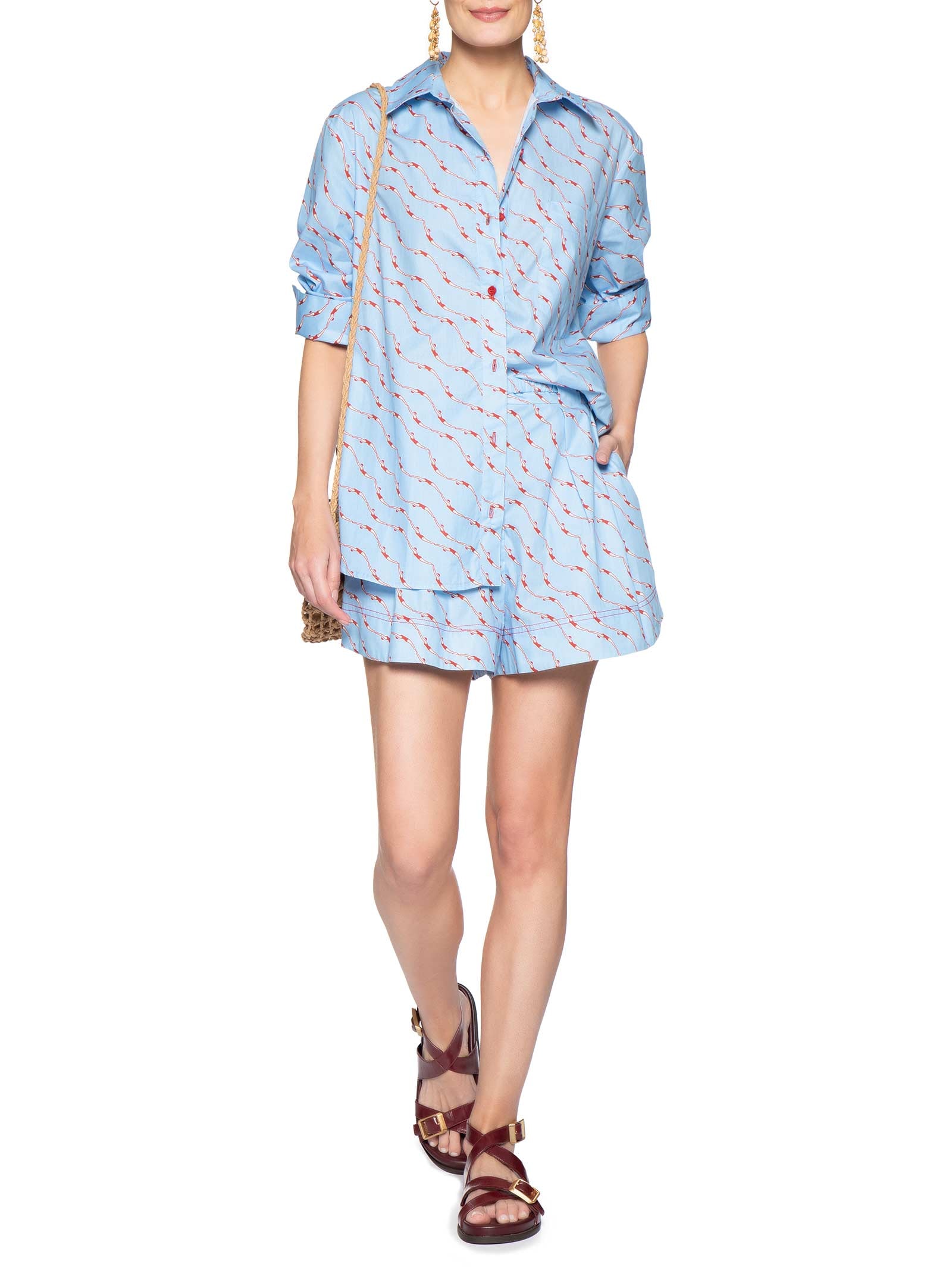 Short Feminino Com Cinto Estampa Nadadoras Azul Dress To