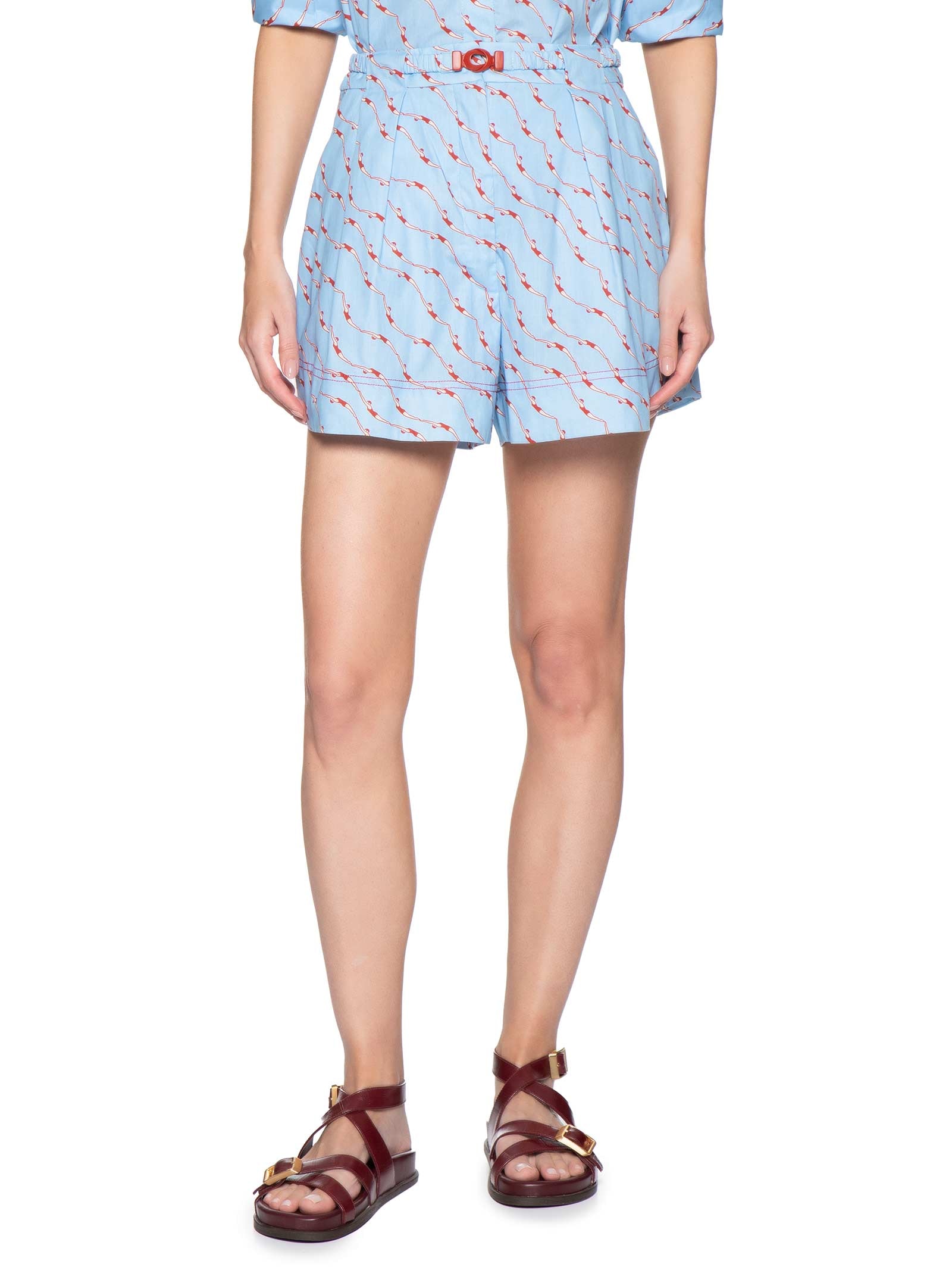 Short Feminino Com Cinto Estampa Nadadoras Azul Dress To