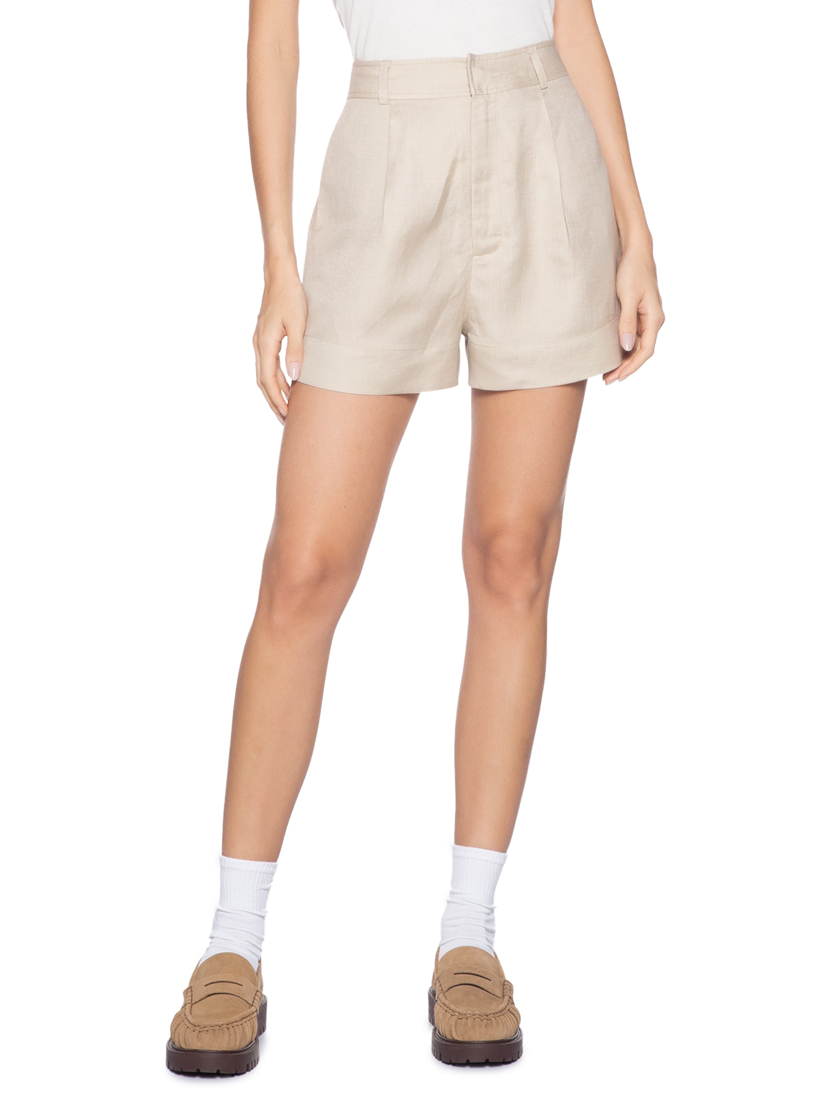 Short Feminino Com Linho Chino Bege Animale