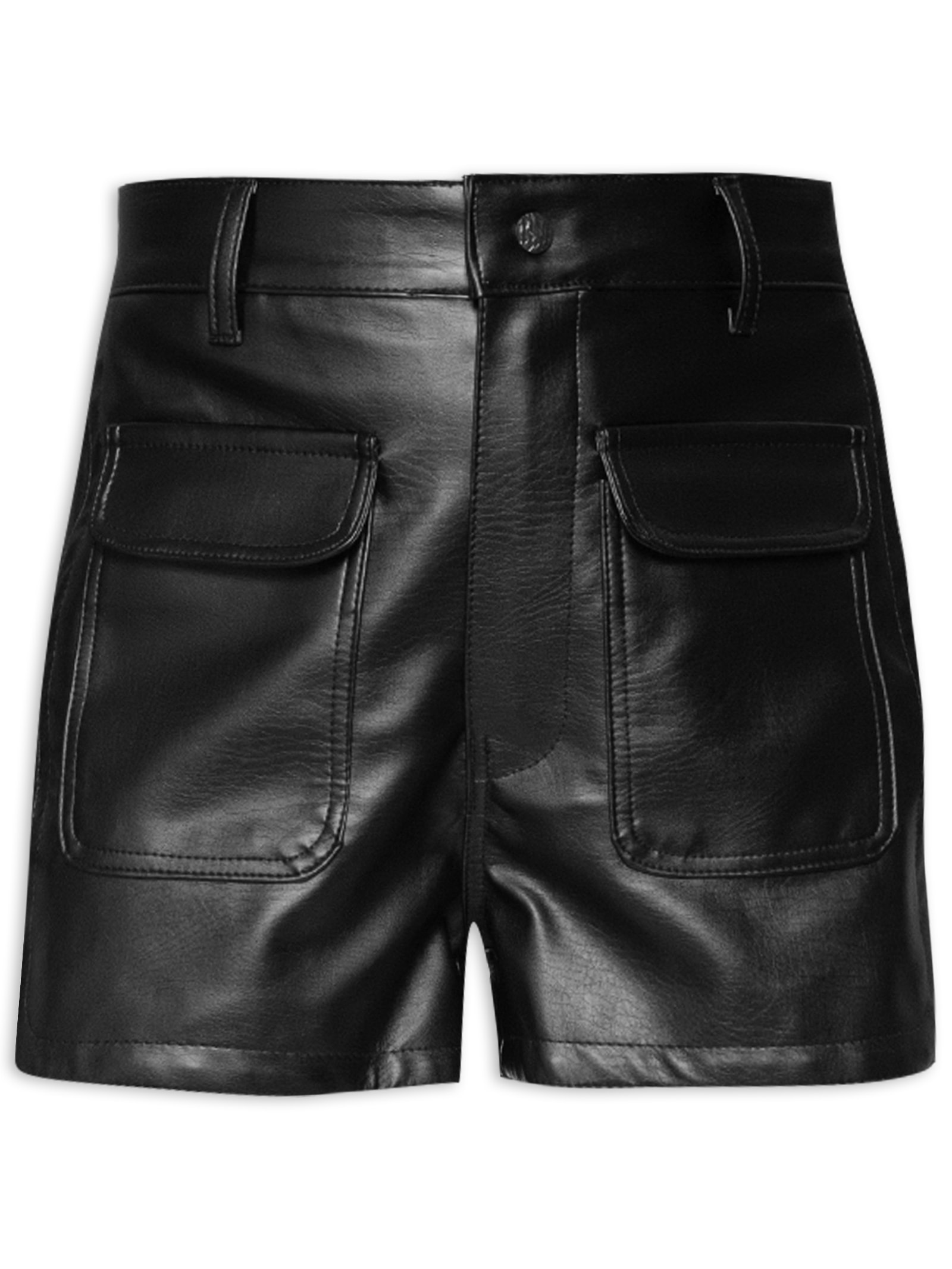 My Place - Short Feminino Couro Bolsos Frontais - Preto