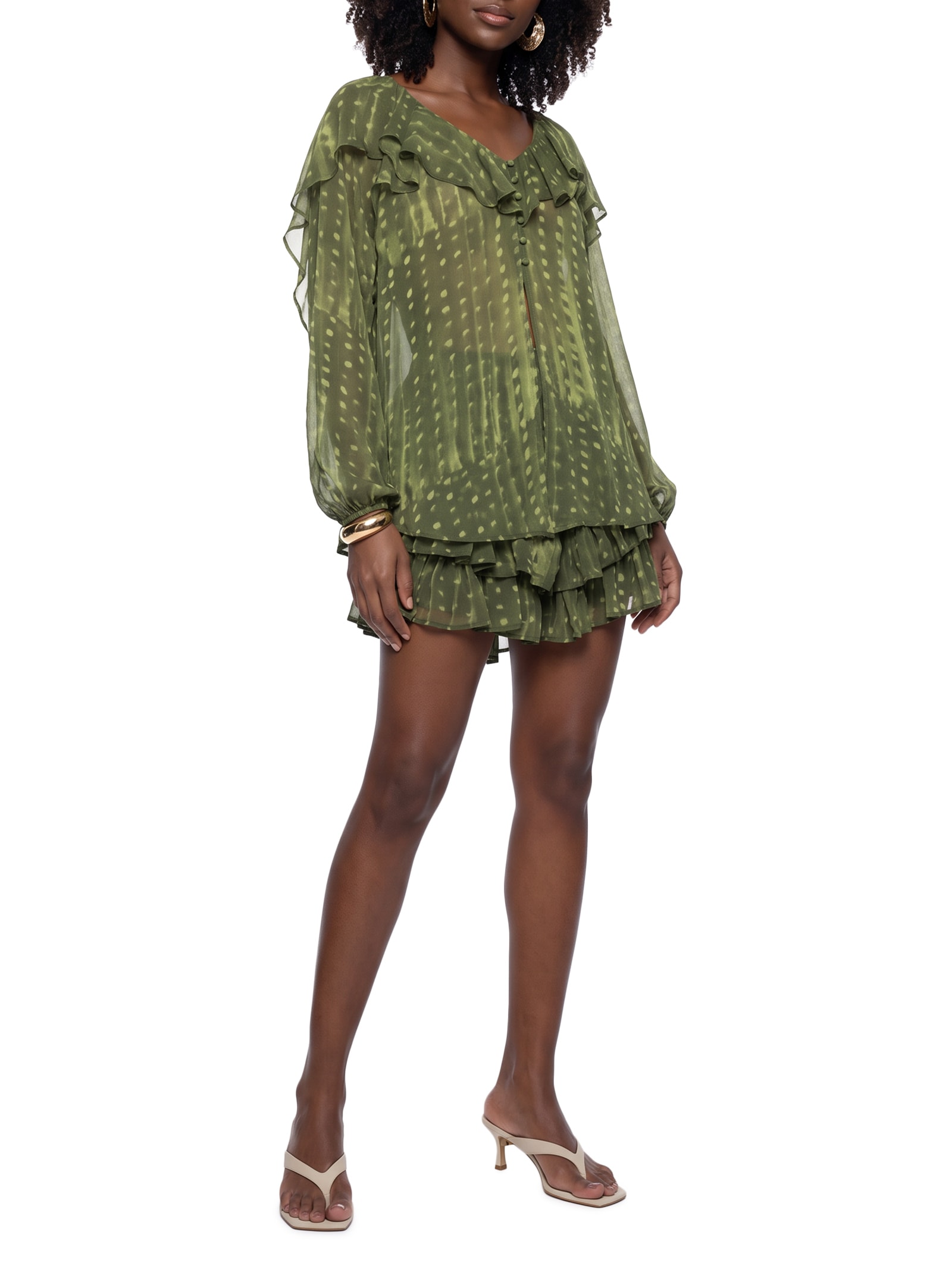 Short Feminino de Babados Estampado – Verde Open