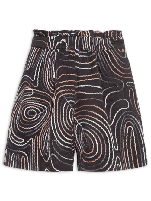 Short Feminino de Georgette Amplo Com Bordado - Preto