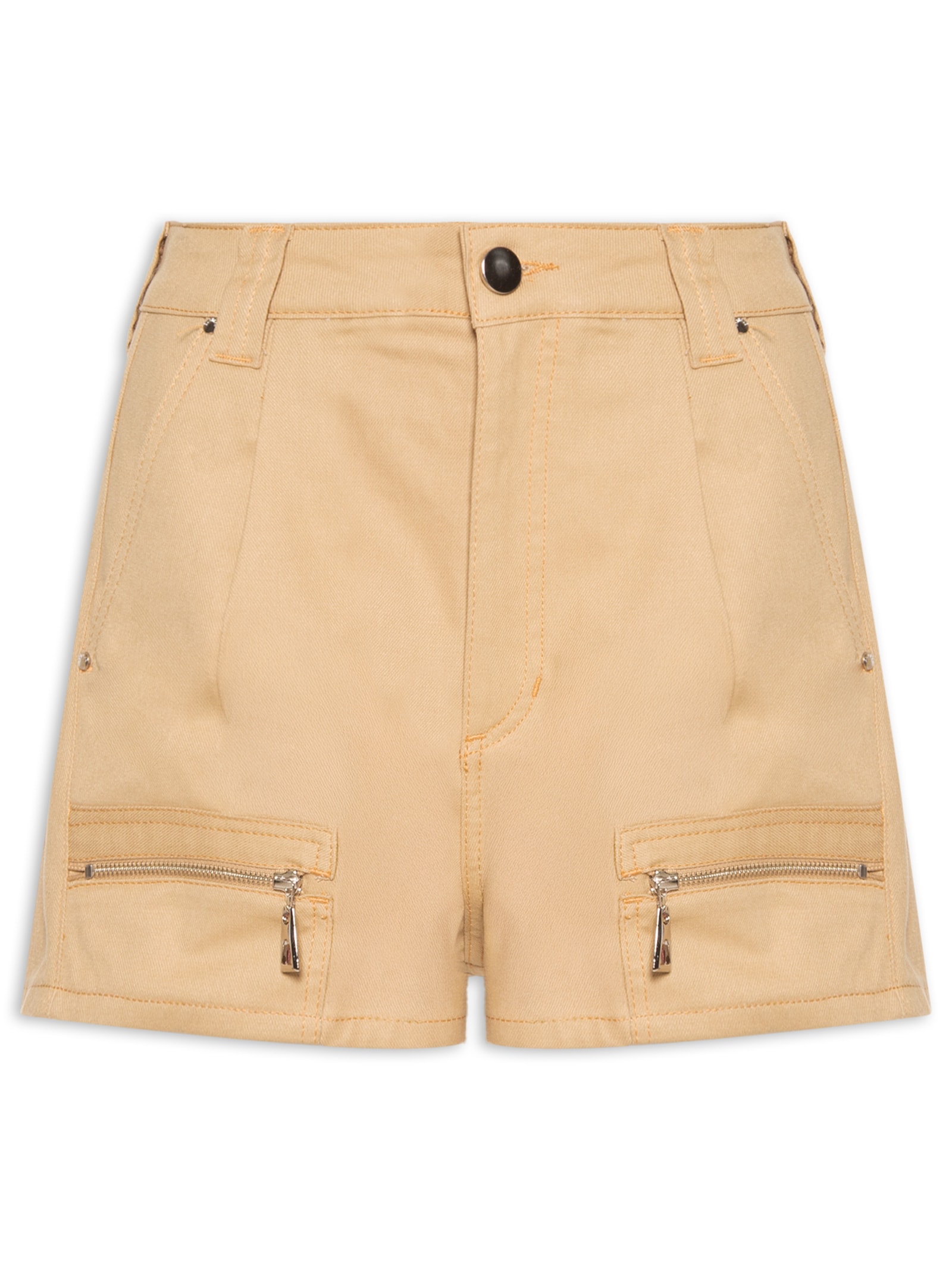 Short Feminino De Sarja Bolso Faca Cintura Média Bege Animale