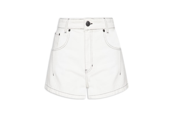 Short Feminino de Sarja Cintura Alta Pesponto Contrastante - Branco