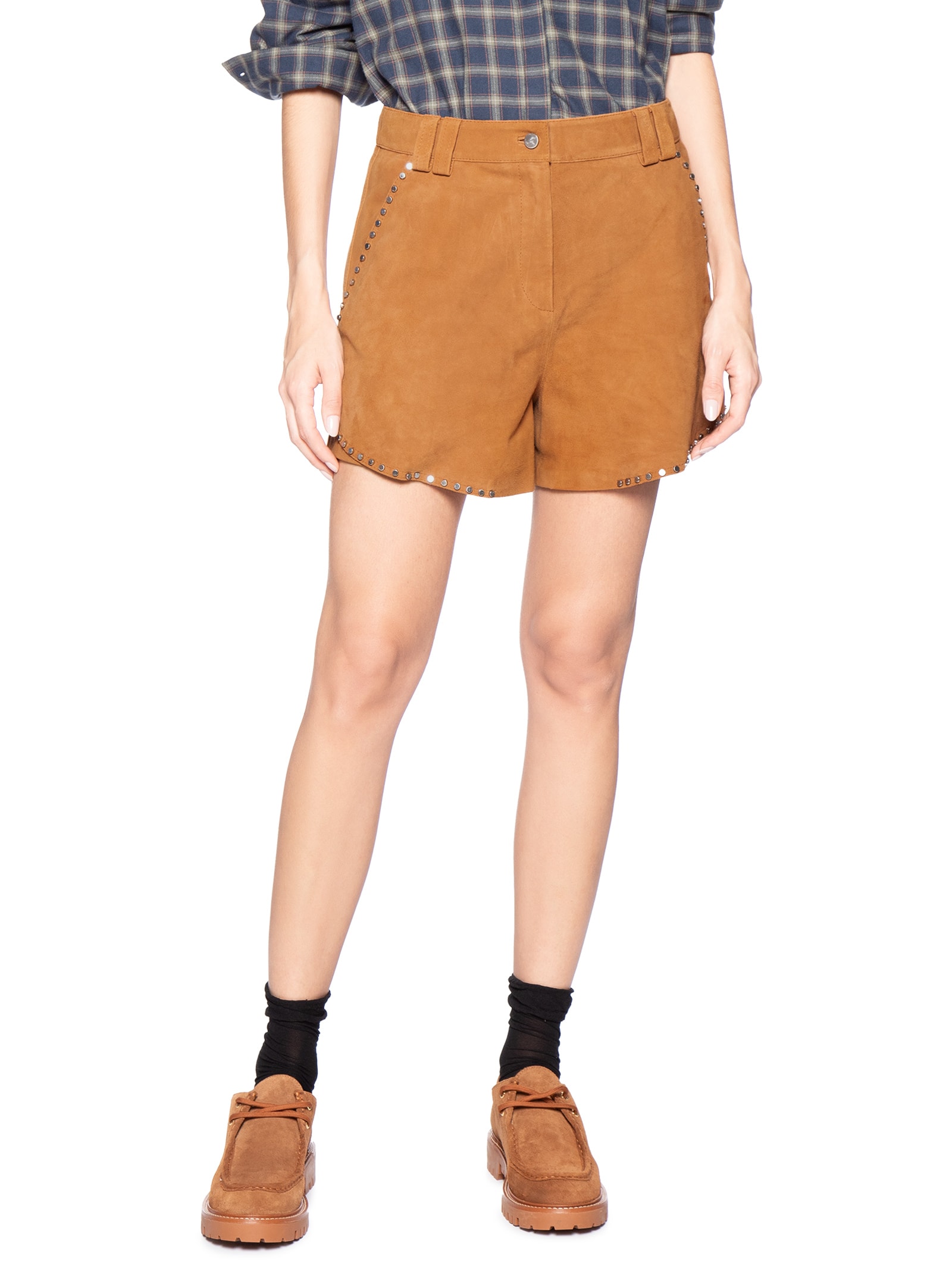 Short Feminino De Suede Com Tachas Marrom Animale Jeans