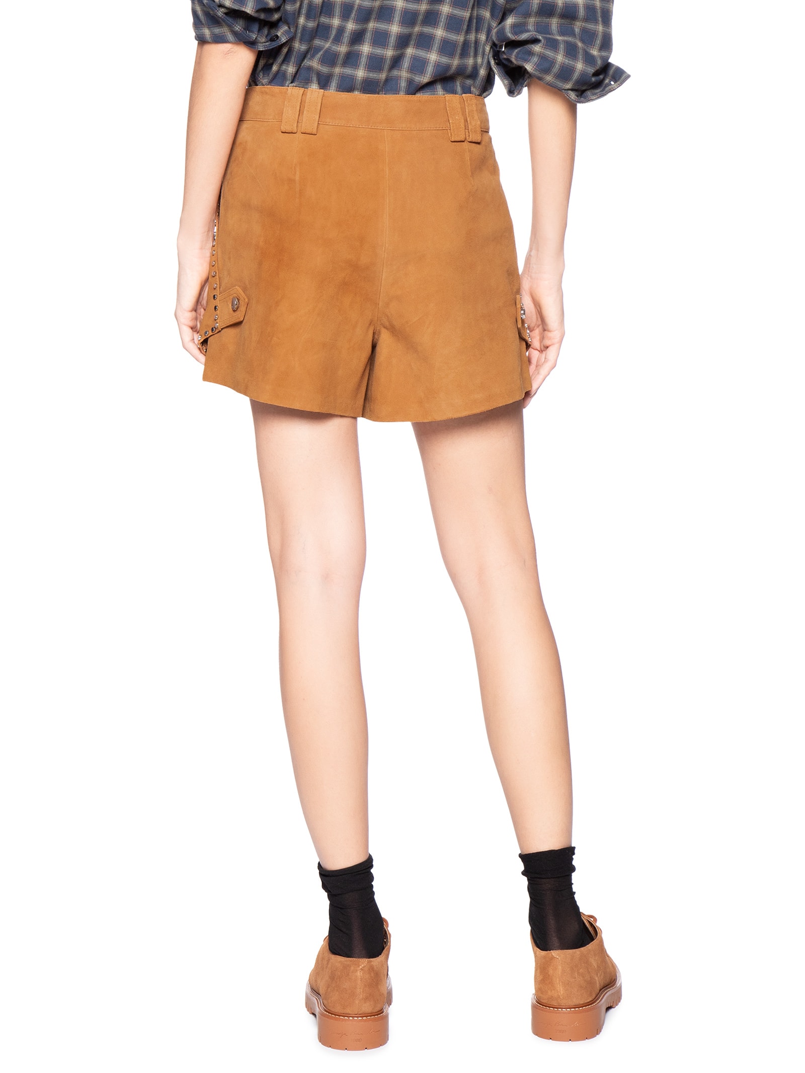 Short Feminino De Suede Com Tachas Marrom Animale Jeans