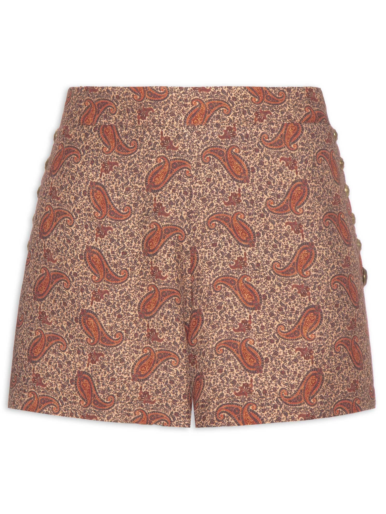 Short Feminino Detalhe Tachas Estampa Maya Marrom Maria Filó