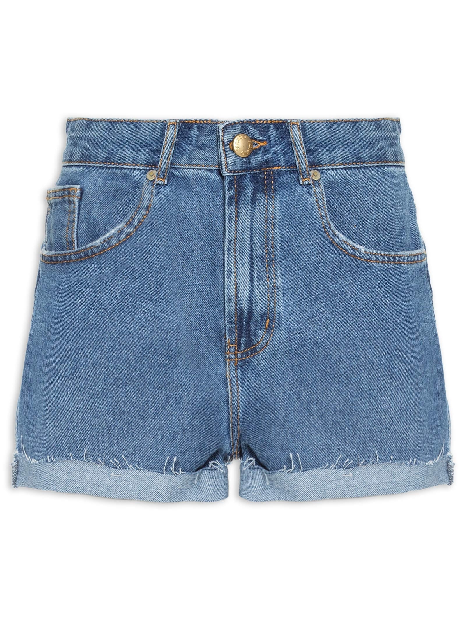 Short Feminino Jeans Baixo Bainha Dobrada Azul Farm