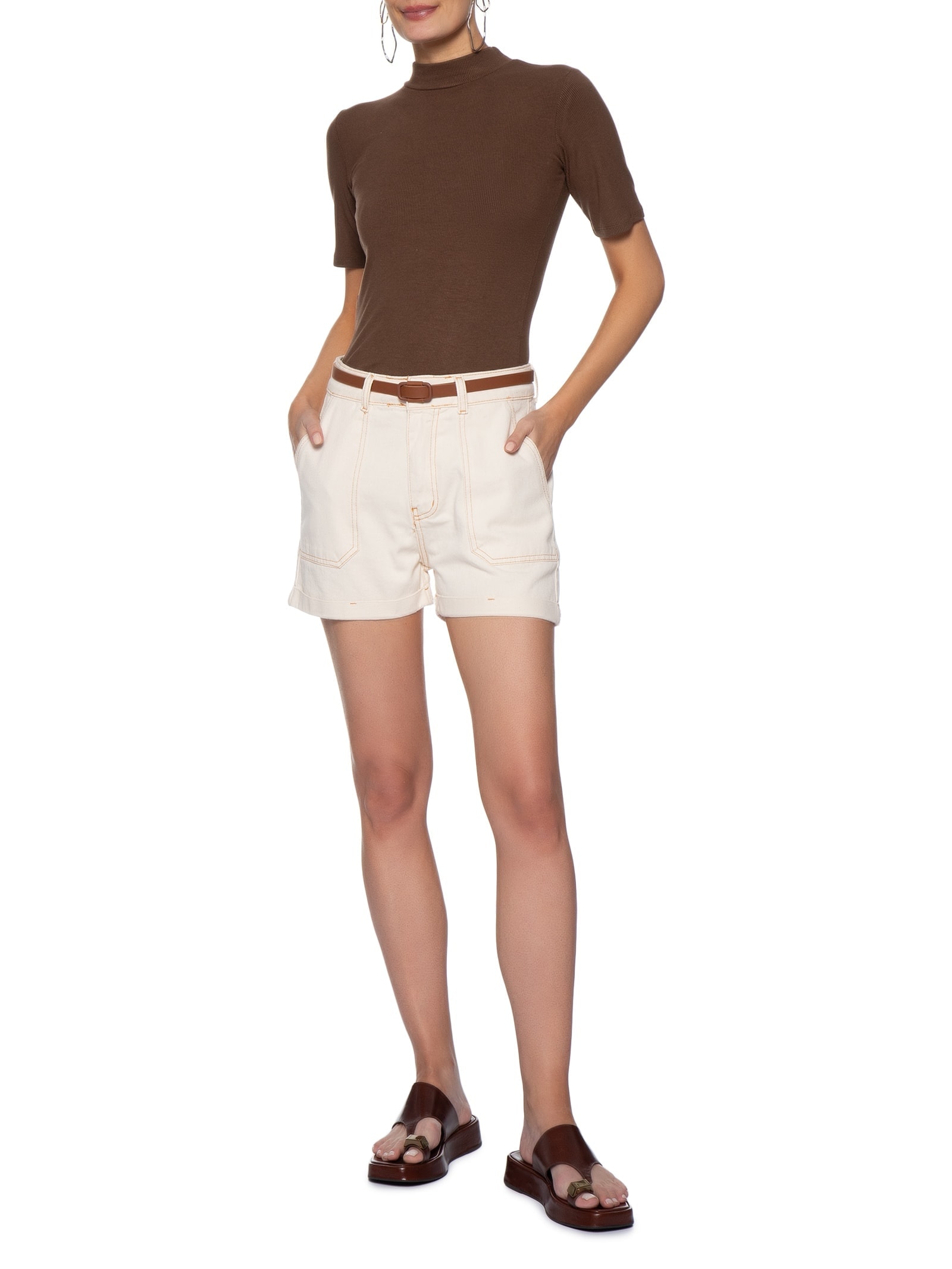 Short Feminino Jeans Com Cinto Off White Basiq