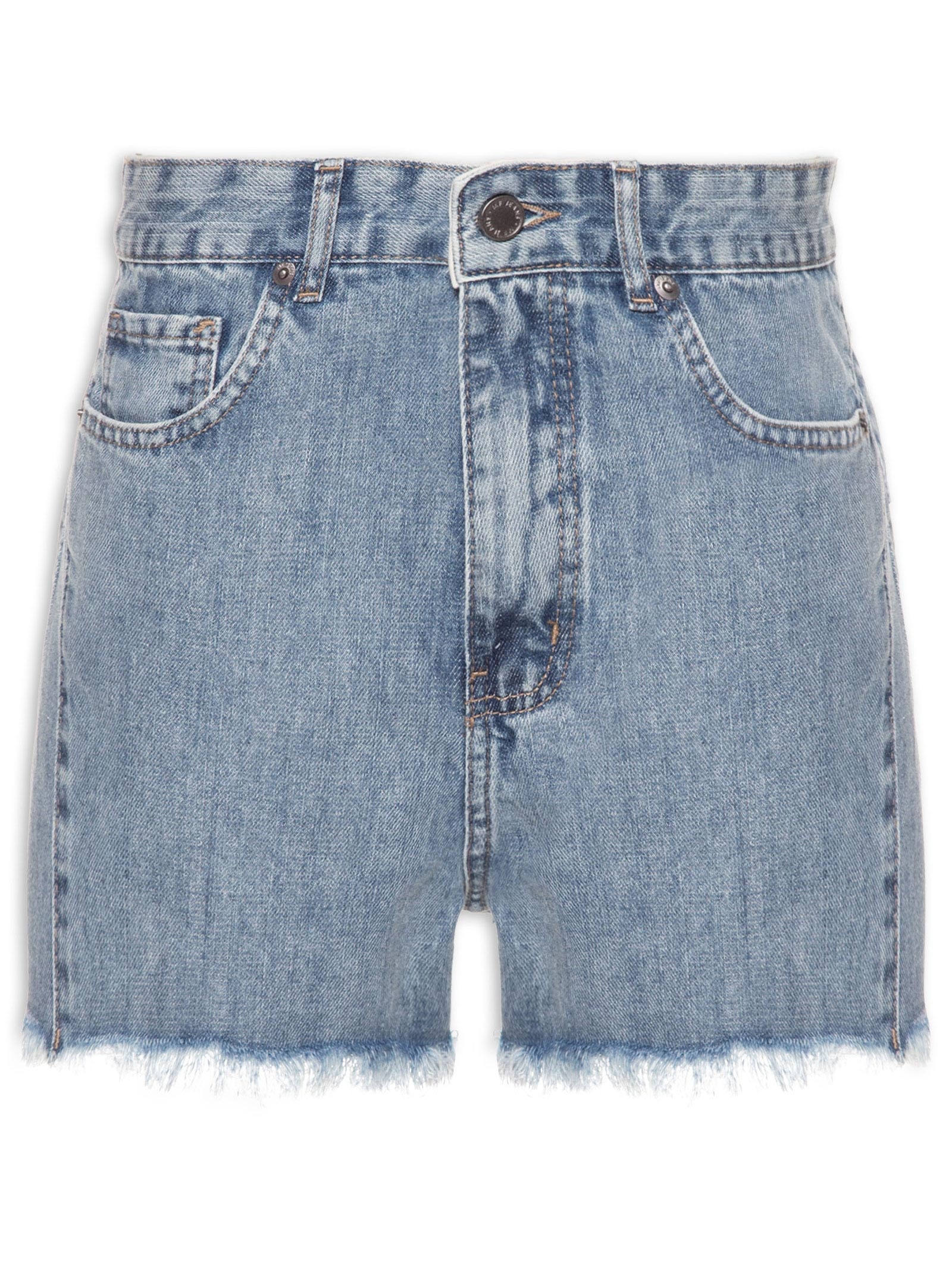 Short Feminino Jeans Costura Deslocada Bordado Azul Maria Filó