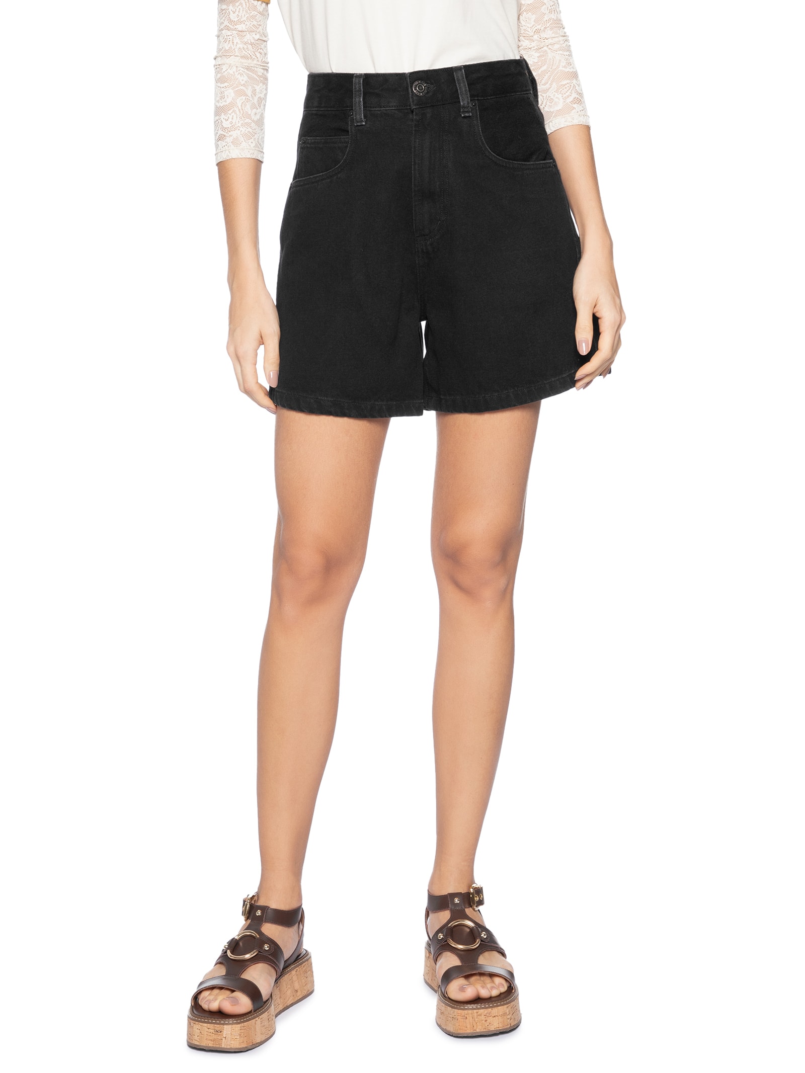 Short Feminino Jeans Mom Pence Costas New Basic – Preto Animale Jeans