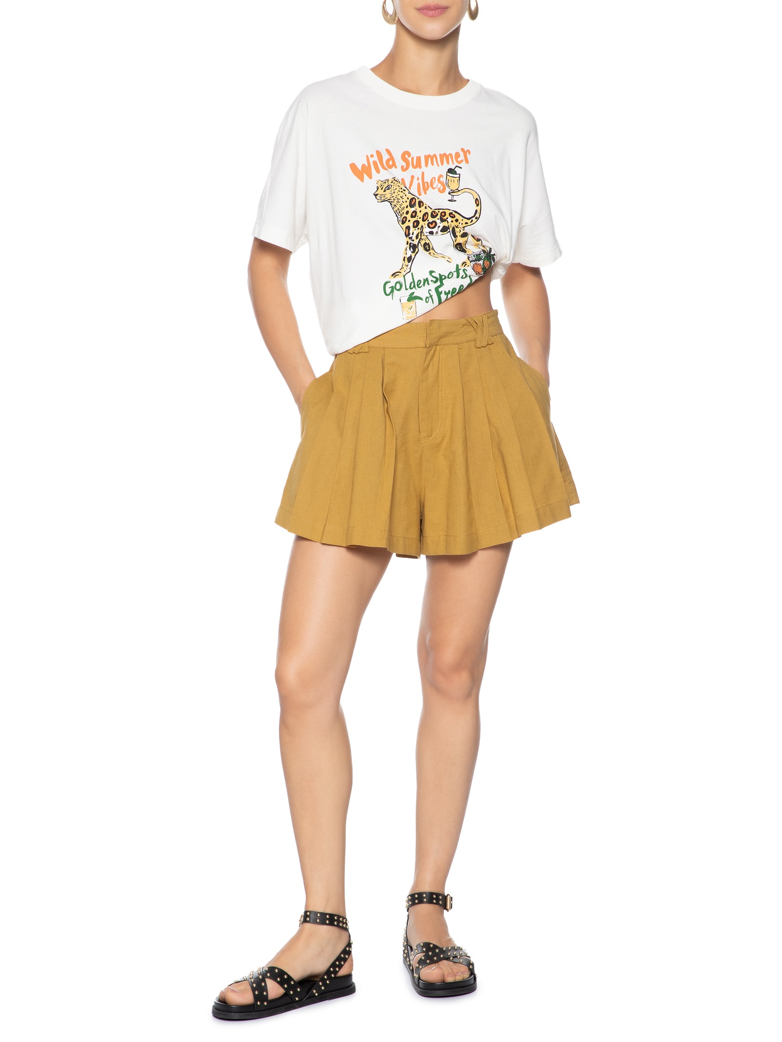 Short Feminino Like Linen Com Pregas Marrom Animale Jeans