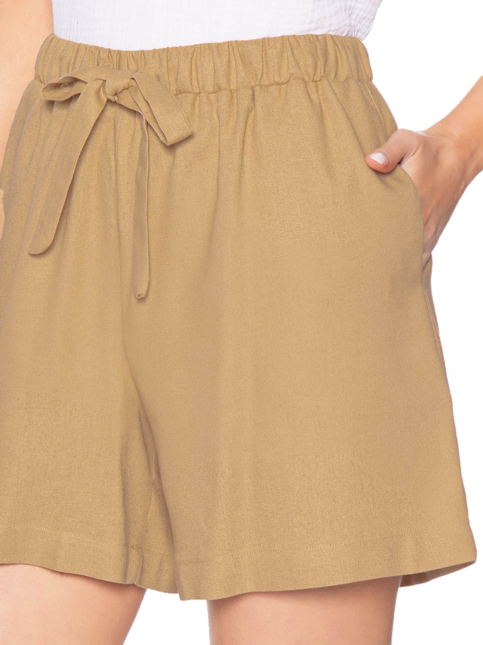 Short Feminino Linho Com Cordão Bege Basiq