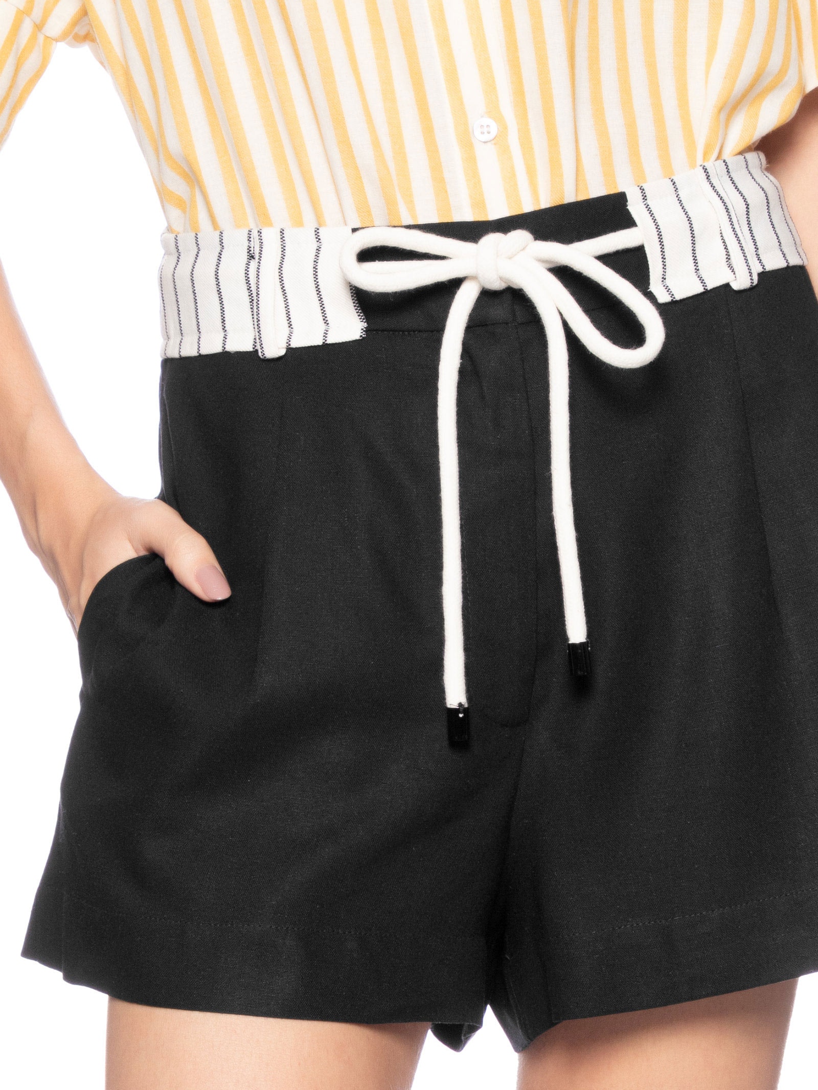 Short Feminino Linho Cós Listrado Preto Dress To