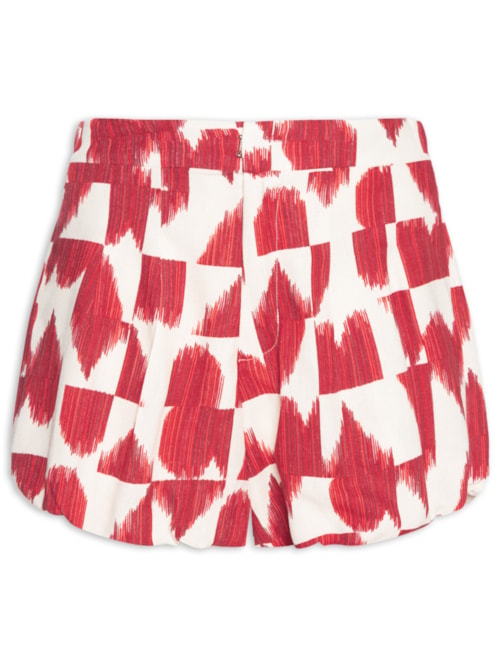 Short Feminino Linho Estampado Coração Partido - Vermelho