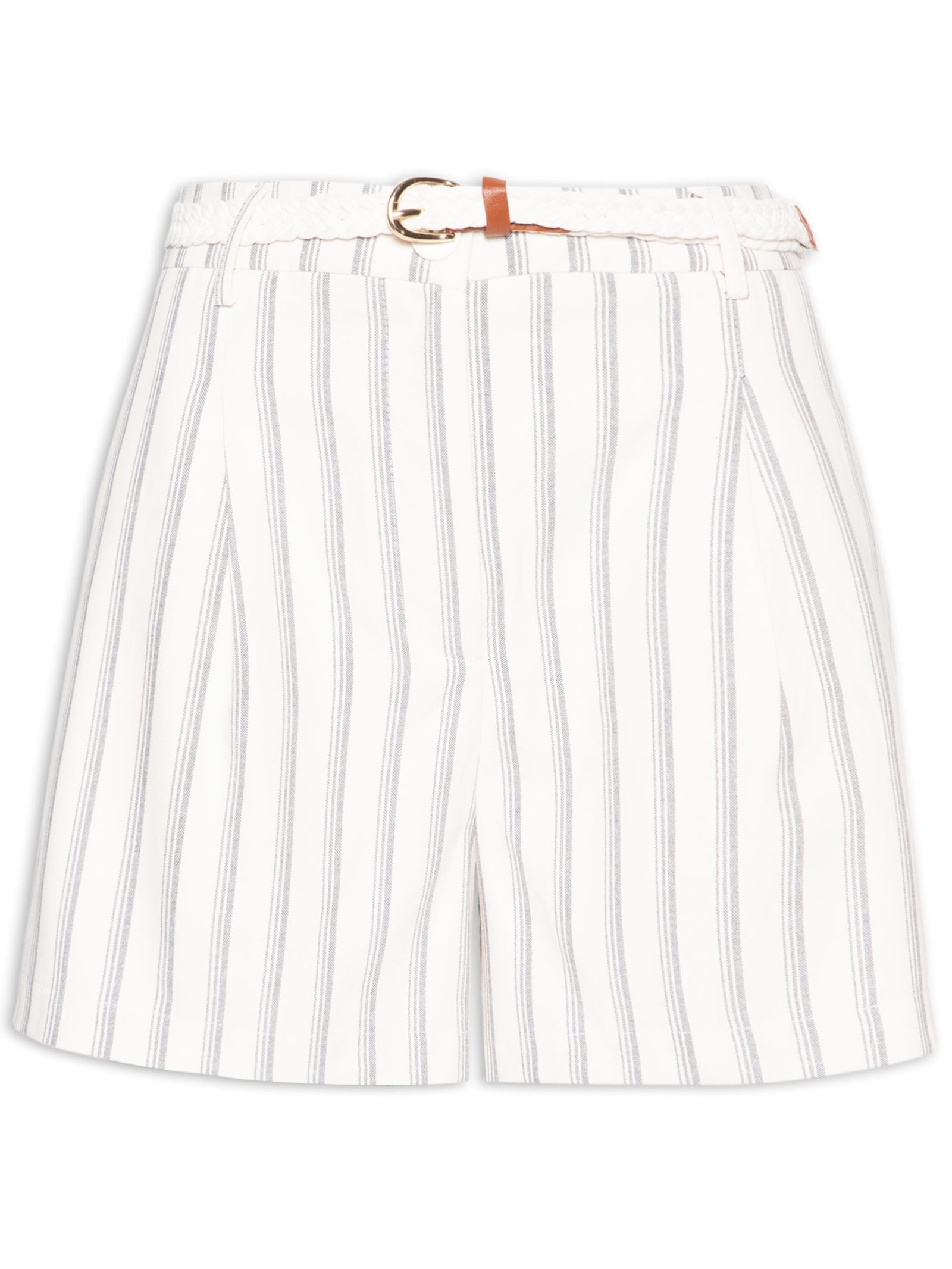 Short Feminino Listrado Com Cinto Off White Basiq