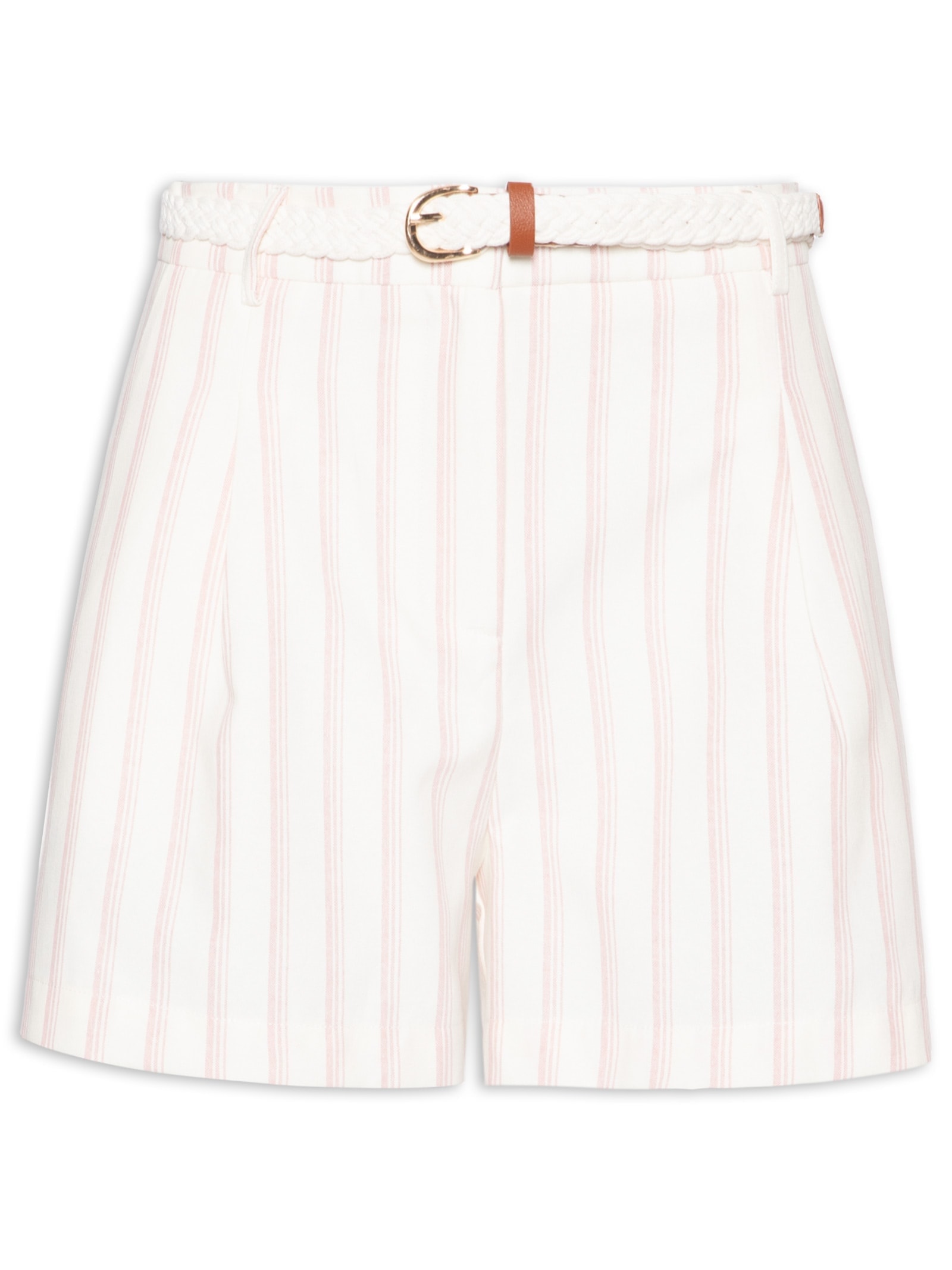 Short Feminino Listrado Com Cinto Off White Basiq