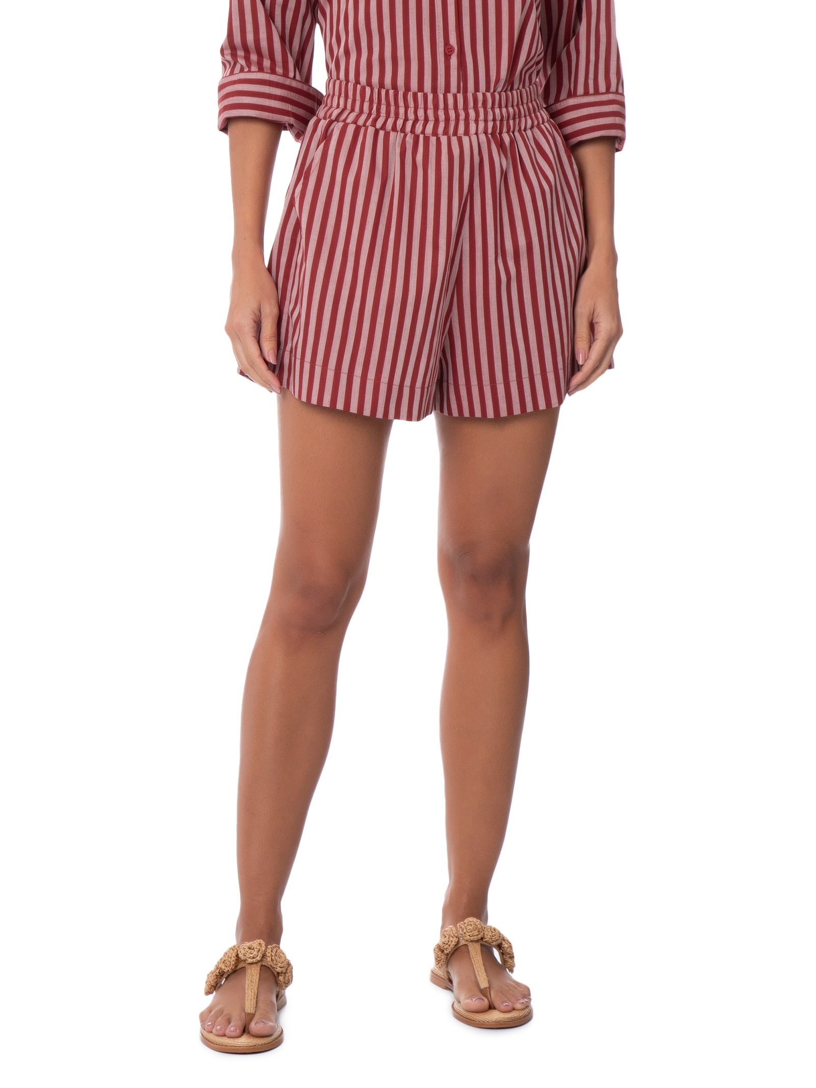 Short Feminino Luiza Tricoline Listras Bisous Vermelho Panô