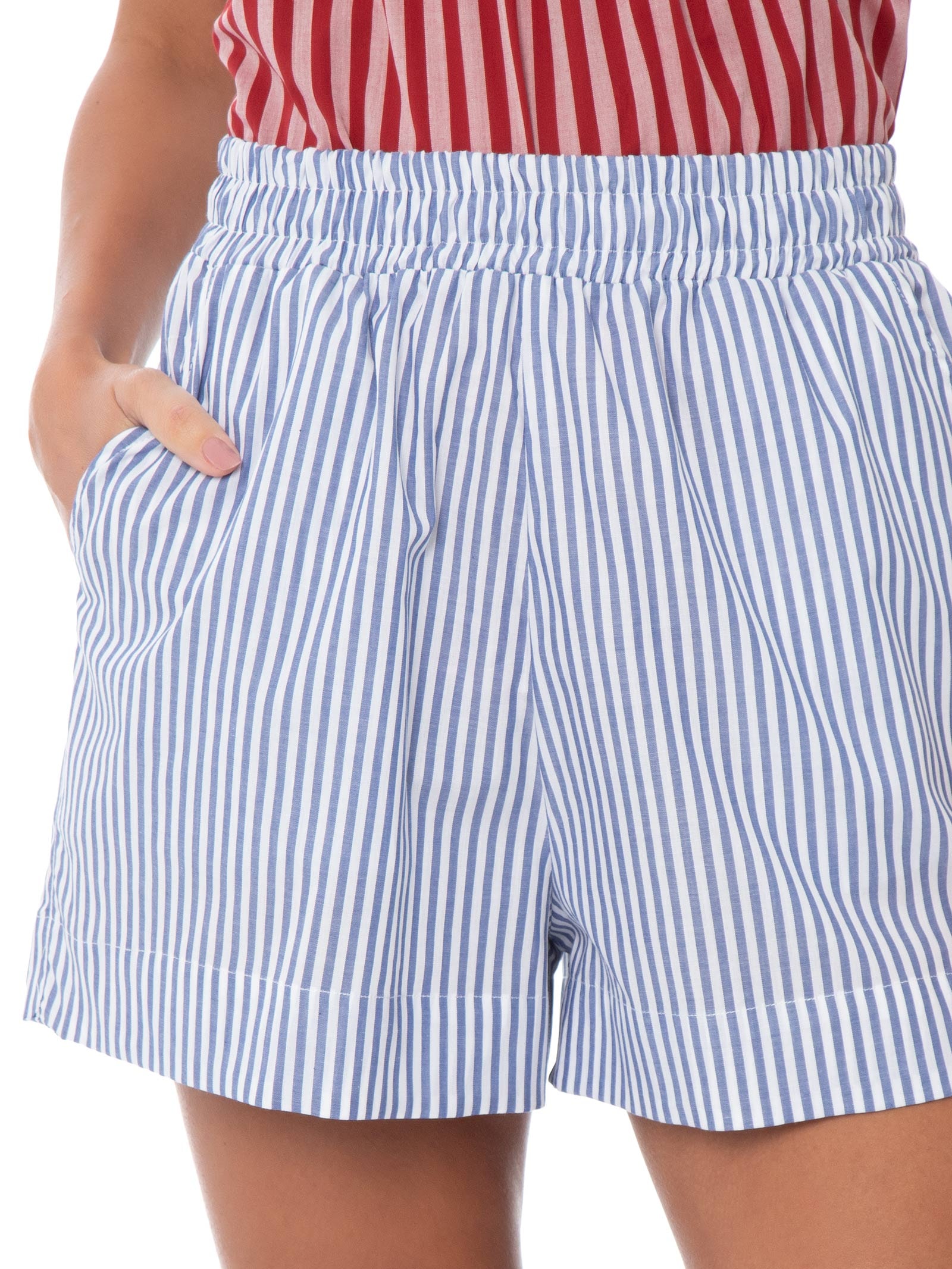 Short Feminino Luiza Tricoline Listras Navy Azul Panô