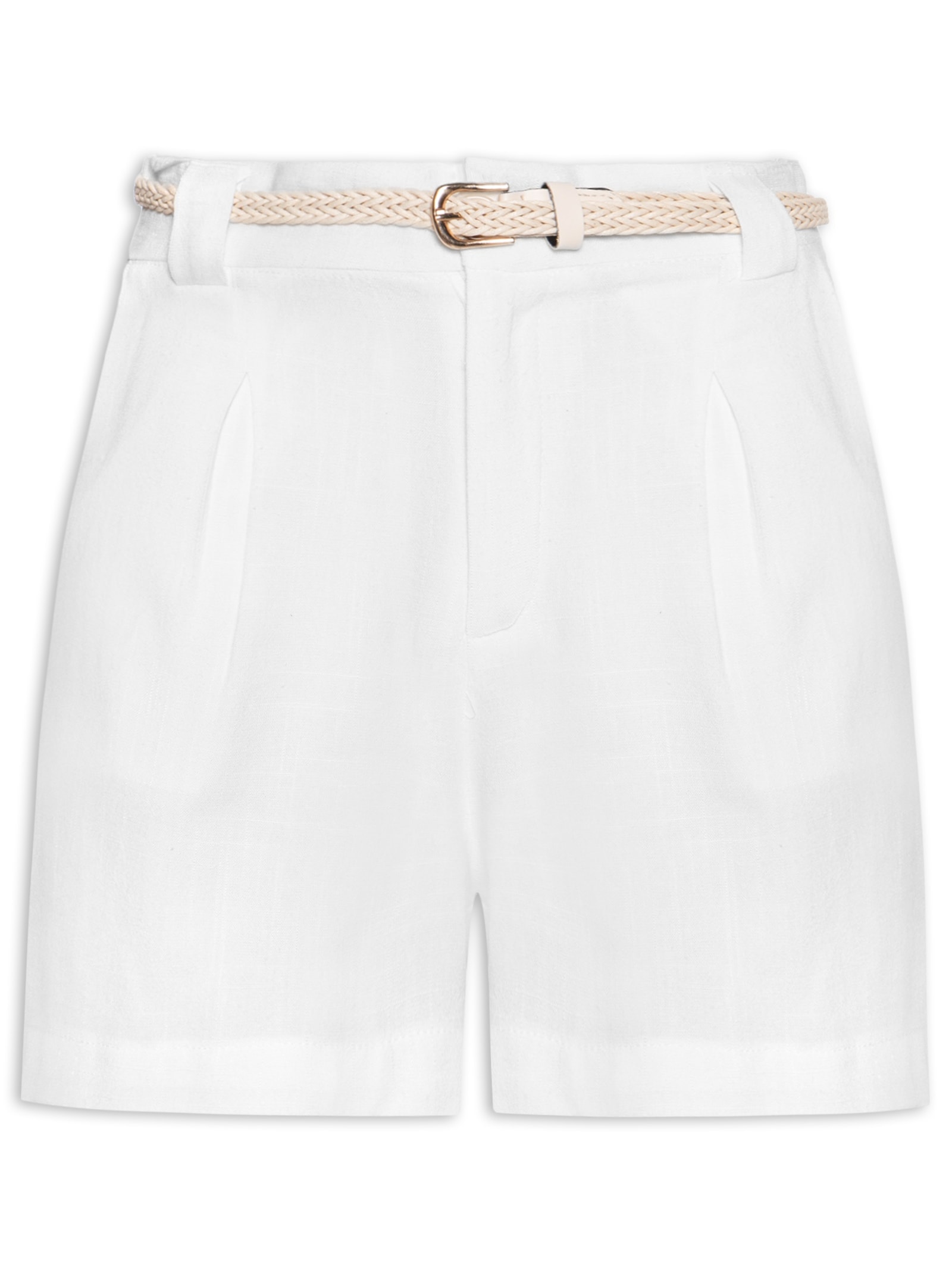 Short Feminino Pregas Com Linho Branco Basiq