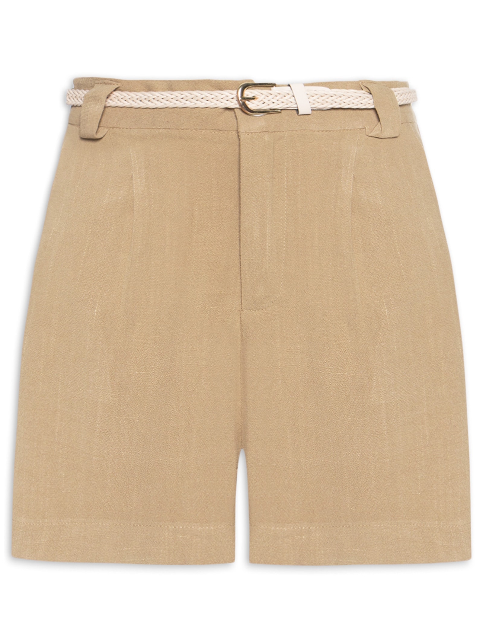 Short Feminino Pregas Com Linho Marrom Basiq