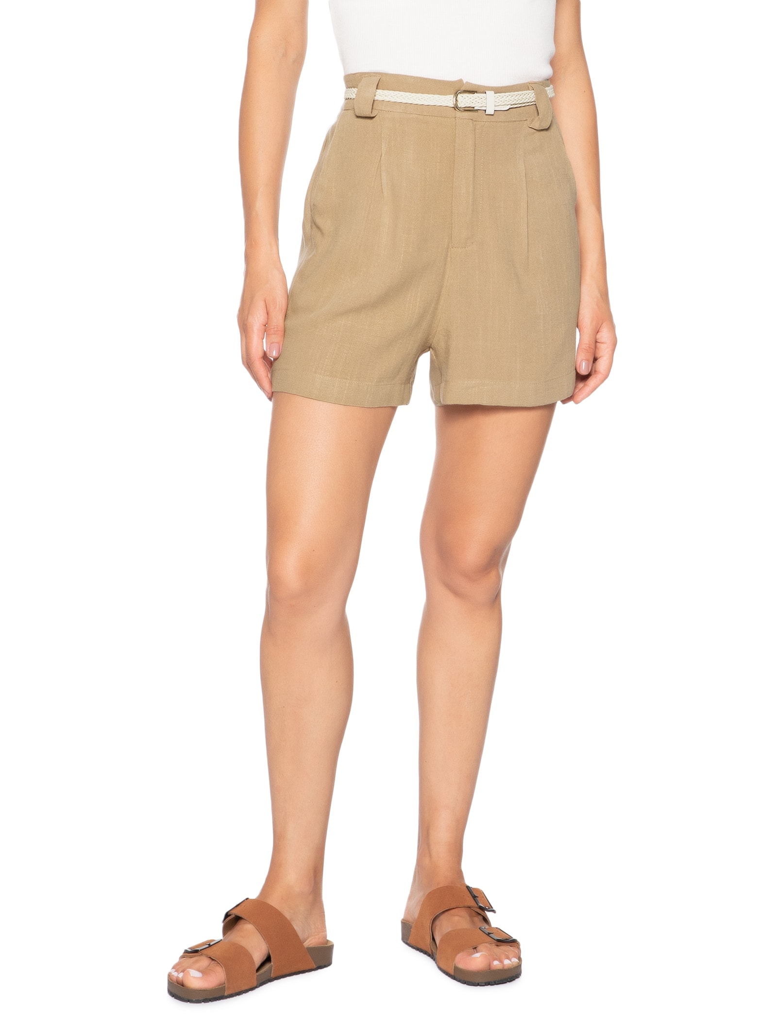 Short Feminino Pregas Com Linho Marrom Basiq