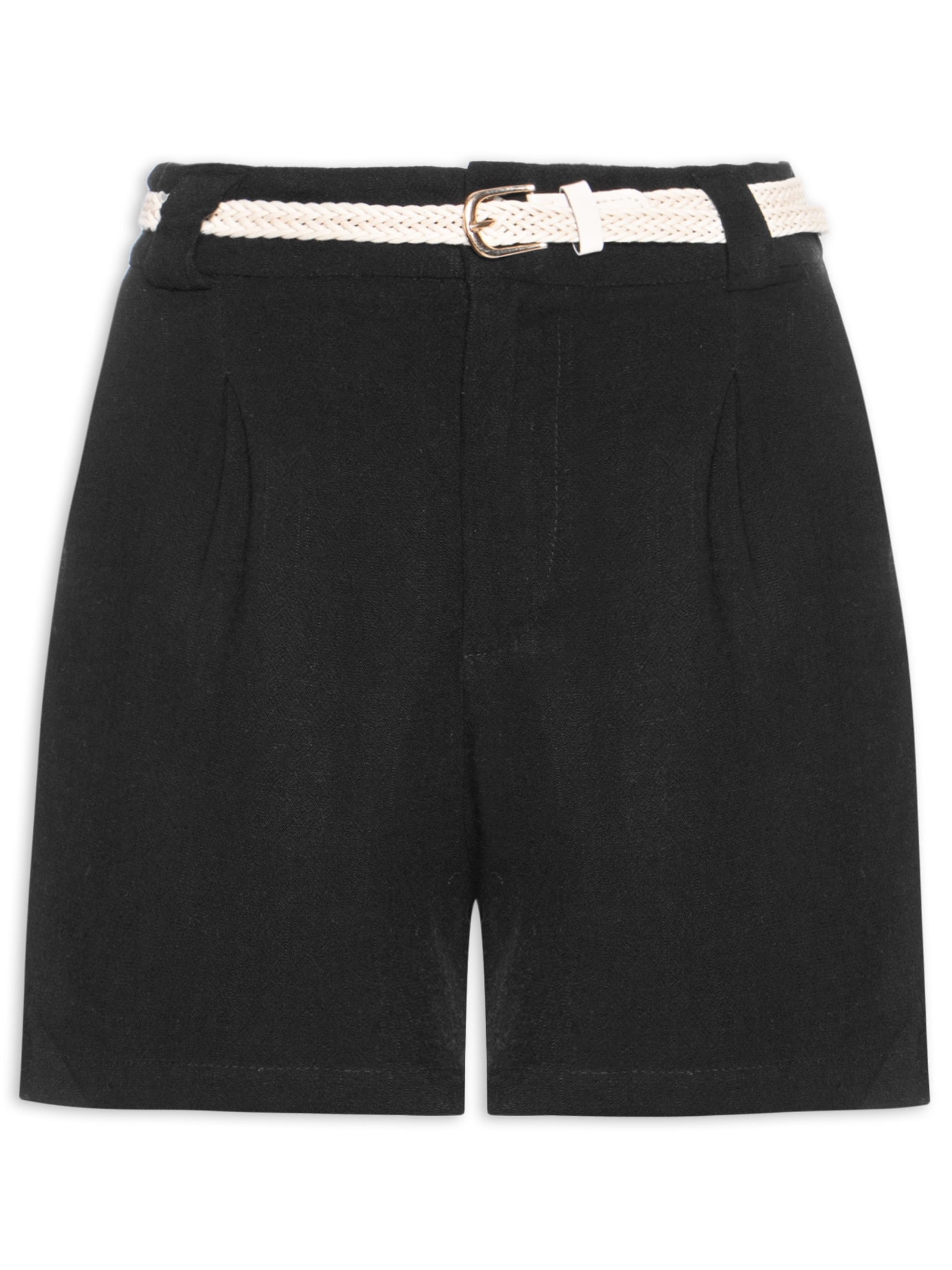 Short Feminino Pregas Com Linho Preto Basiq