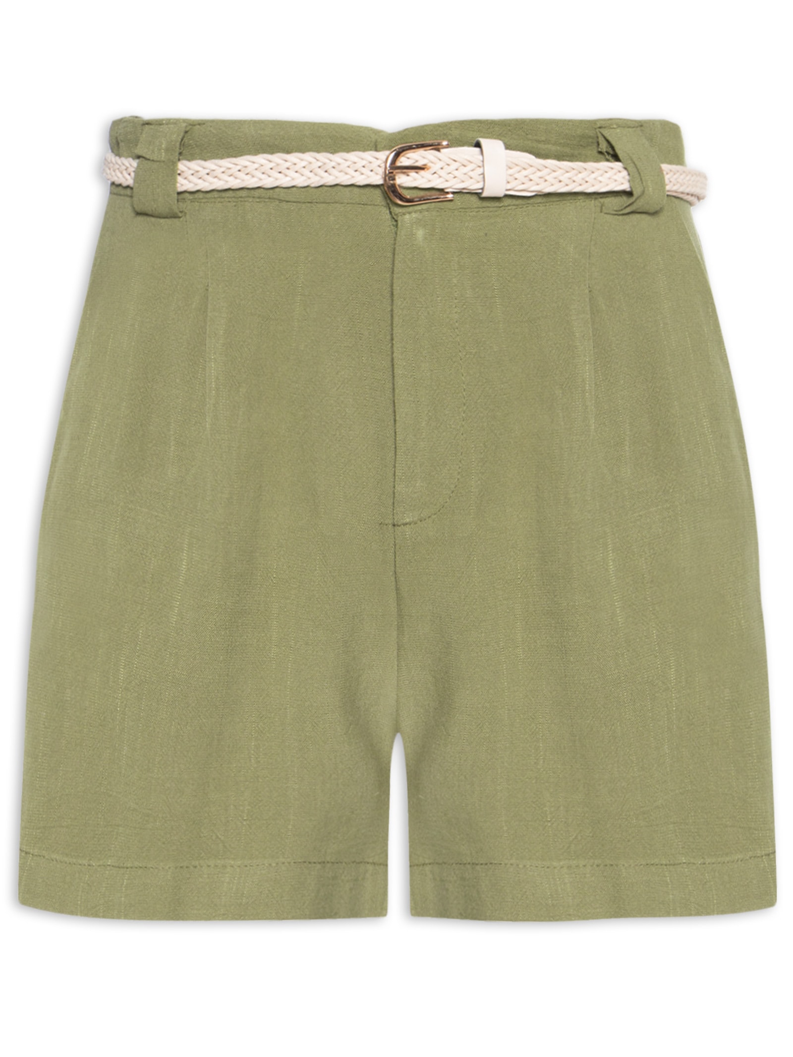 Short Feminino Pregas Com Linho Verde Basiq