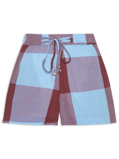 Short Feminino Xadrez Bordado Sol - Marrom