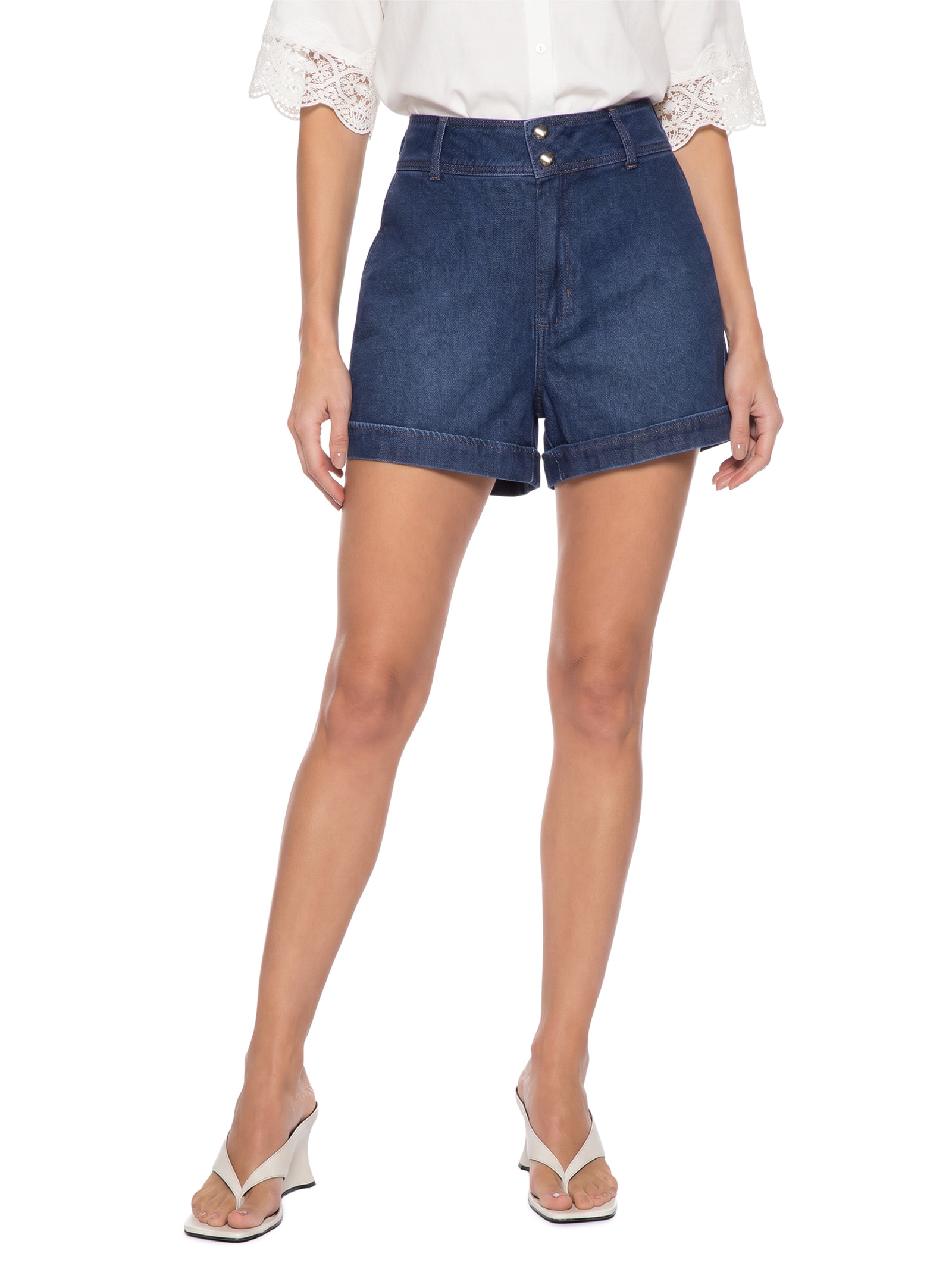 Short Jeans Feminino Joana Com Dobra Azul Colcci