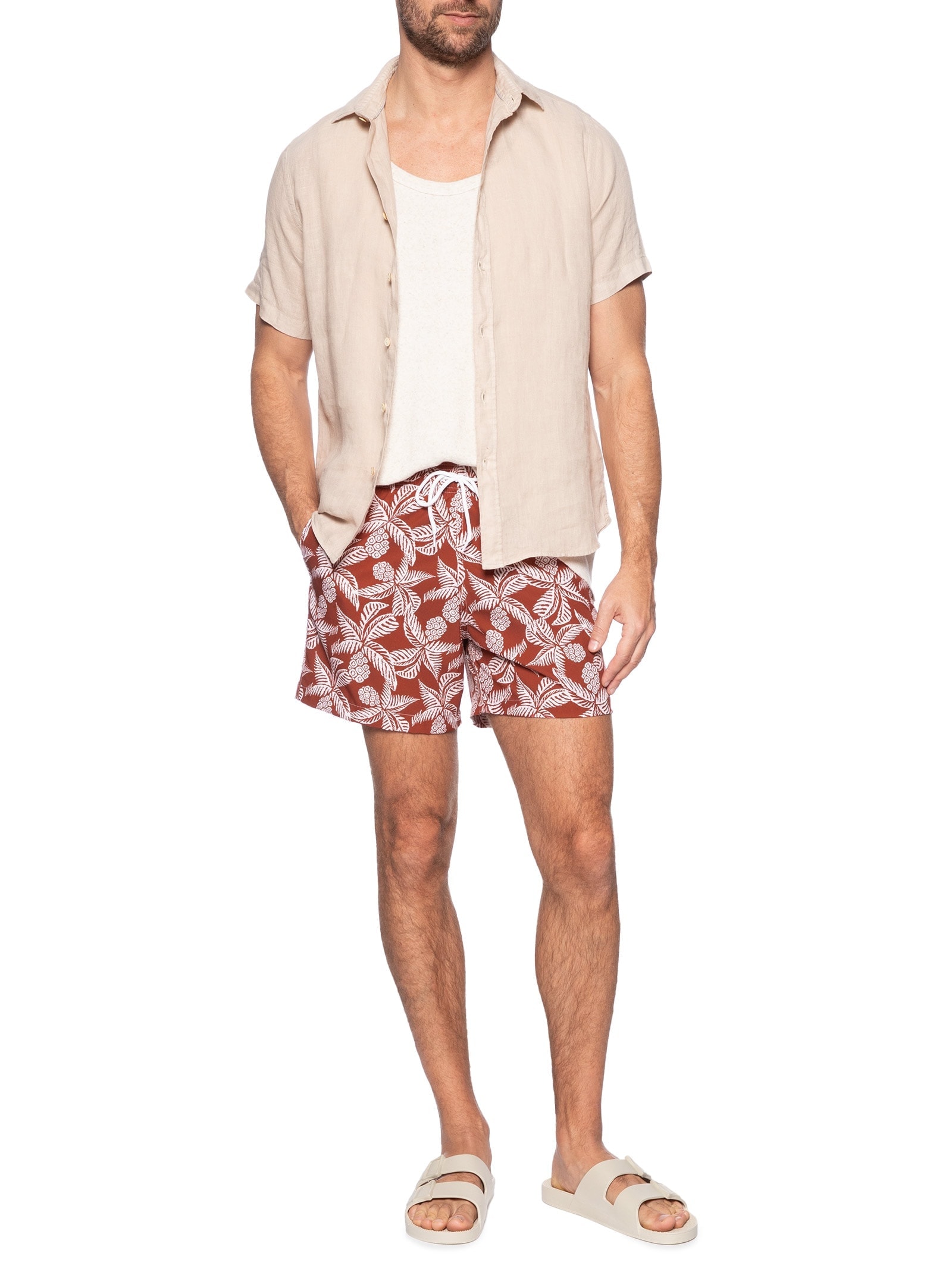 Short Masculino Beachwear Estampa Coqueiro Laranja Basiq Men