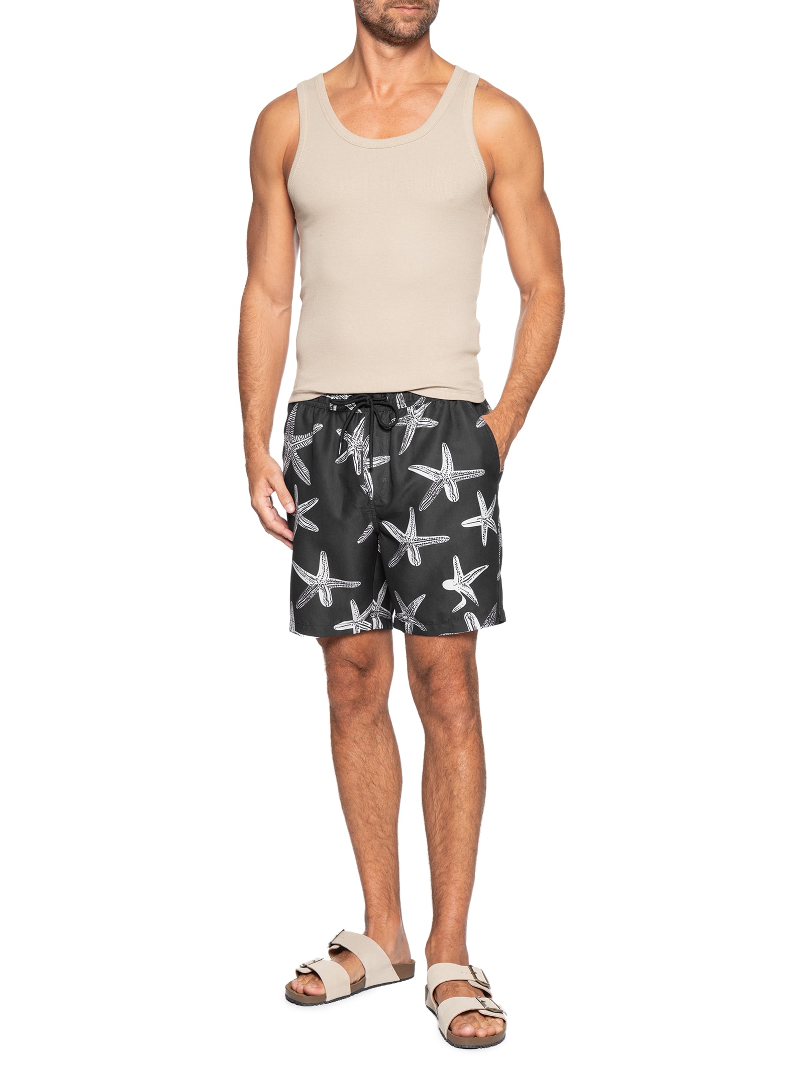 Short Masculino Beachwear Estampa Estrela do Mar Preto Basiq Men