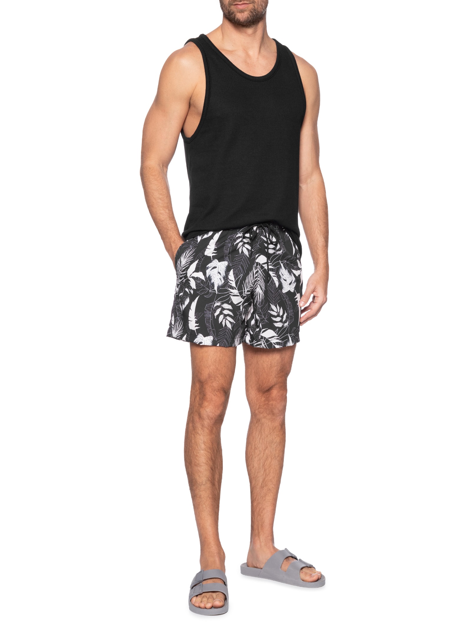 Short Masculino Beachwear Estampa Folhagem Preto Basiq Men