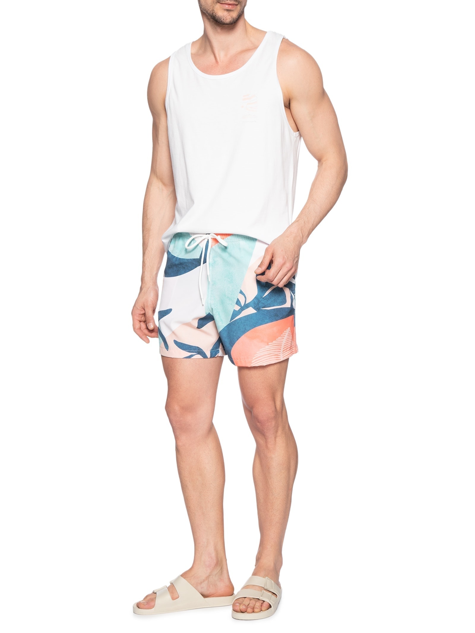 Short Masculino Beachwear Estampa Geométrica Laranja Basiq Men